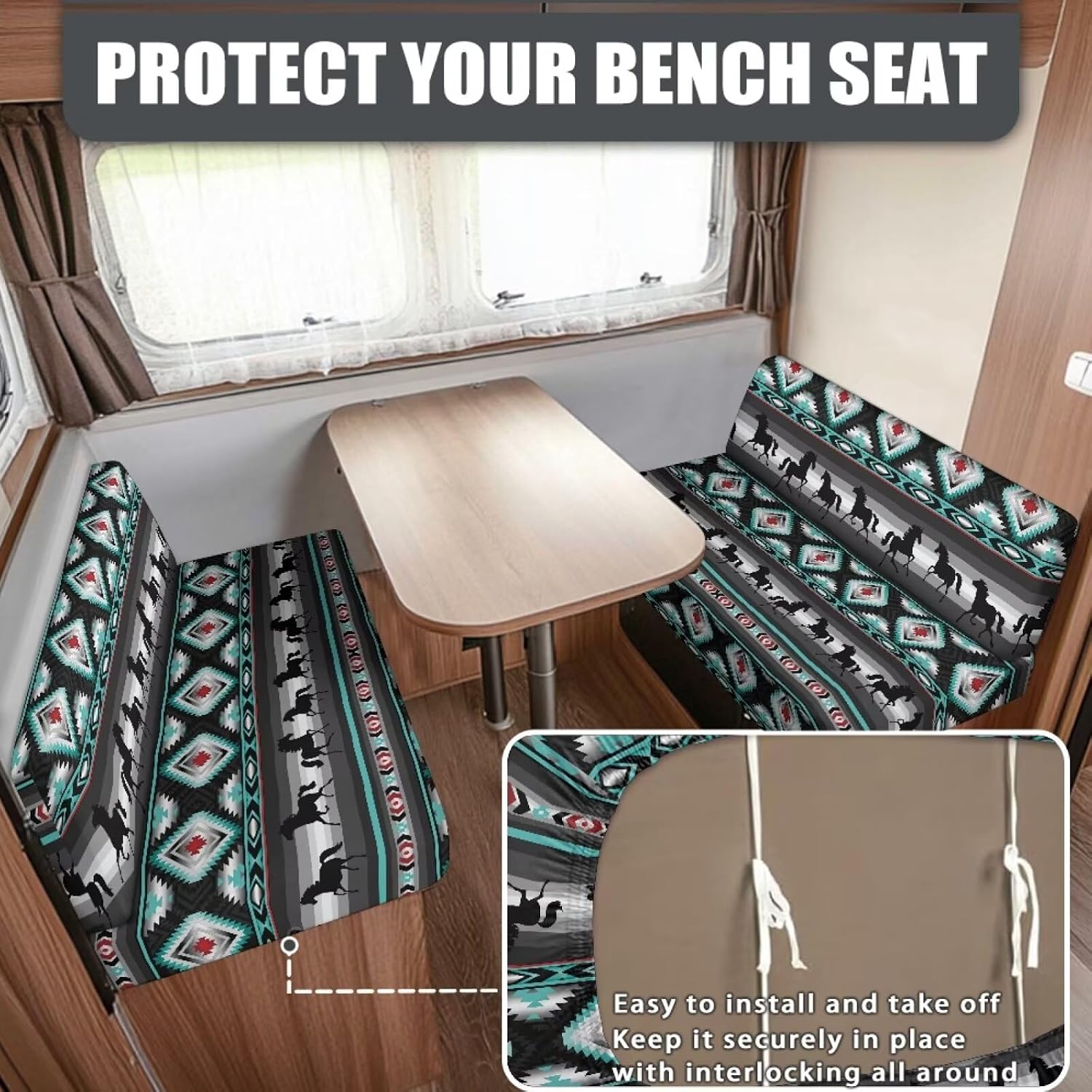 Aztec Horse Print 2 Pcs RV Dinette Cushion Covers Non-Slip Sofa Furniture Protector Comfortable 2 Seat Sofa Chair Cover Slipover for Travel Trailer Couch