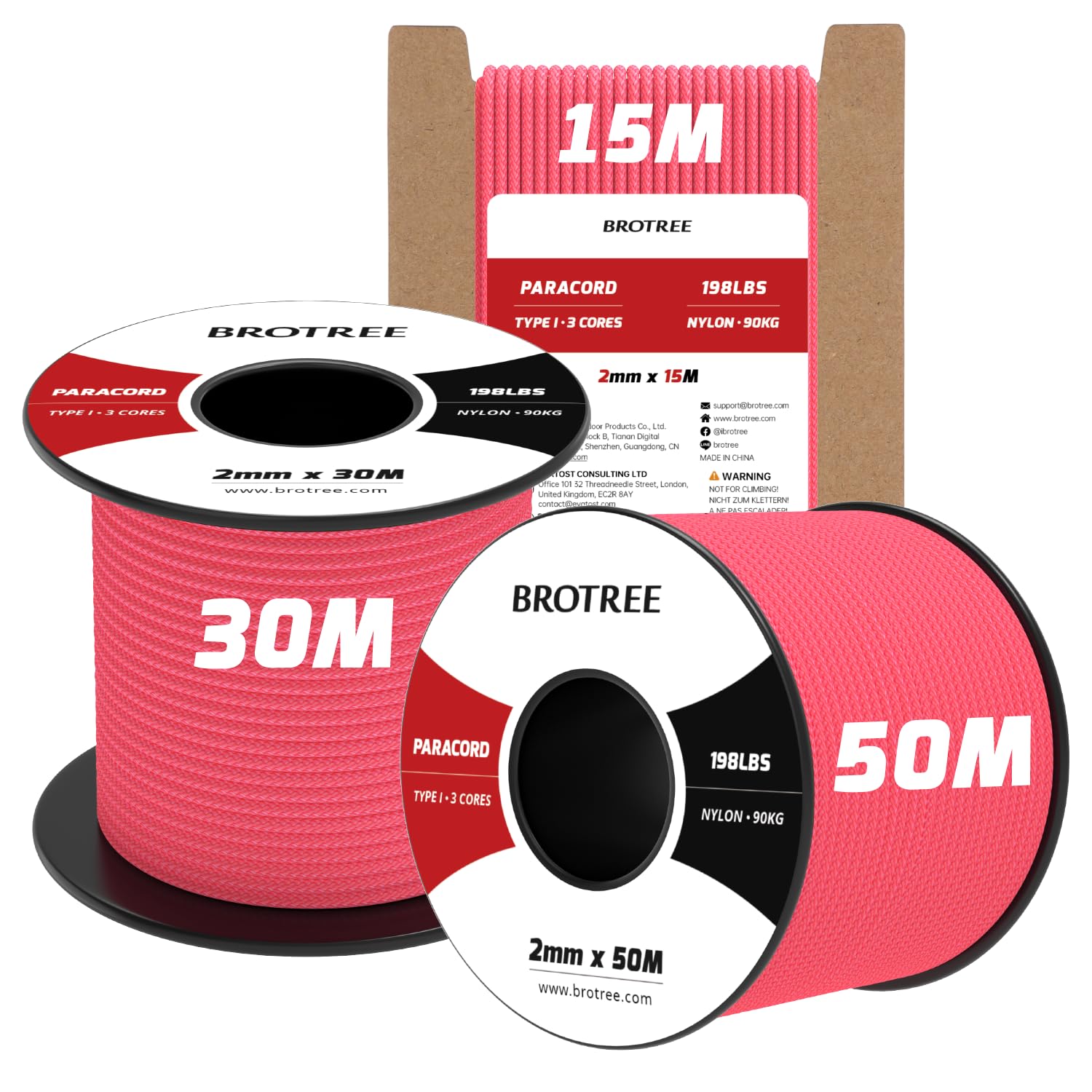 Brotree 2mm Paracord 3 Strands 15M 100% Nylon Rope Parachute Cord for Outdoor, Craft, DIY - 90kg Breaking Load (Neon Pink) — image 1