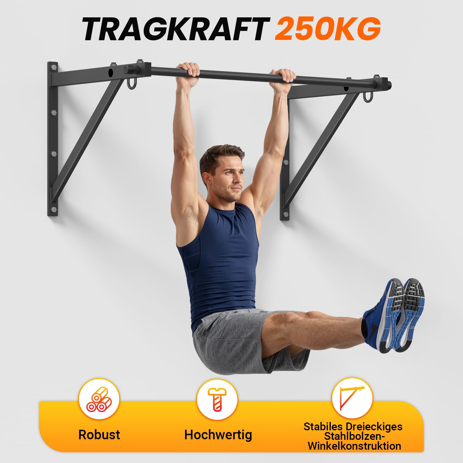 Jusgym Klimmzugstange Wandmontage 130 cm, Pull Up Bar 250 kg Tragfähigkeit, Klimmzugstangen für Krafttraining zuhause, Garage – einfache Montage, schwere Ausführung, Trainingsstation