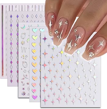 IDDFEVE 24 Sheets Aurora Nail Art Stickers, Holographic Self-Adhesive Pegatinas Unas Glitter Design Moon Star Sparkles Heart Line Nail Decals