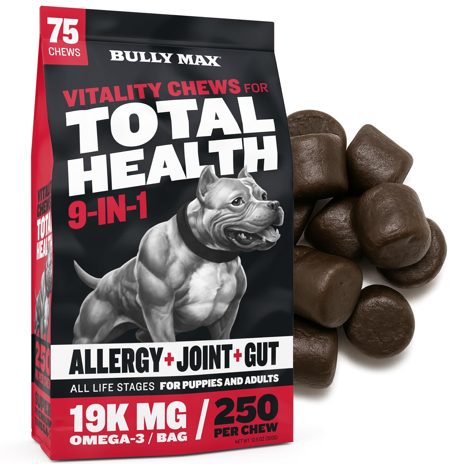 Bully Max 9-in-1 Total Health Dog Chews - Puppy & Adult Dog Multivitamin - Omega 3 Vitamin Supplements for Immunity, Brain, Heart, Joint & Digestive Health for All Breeds - 75 Soft Chews per Bag