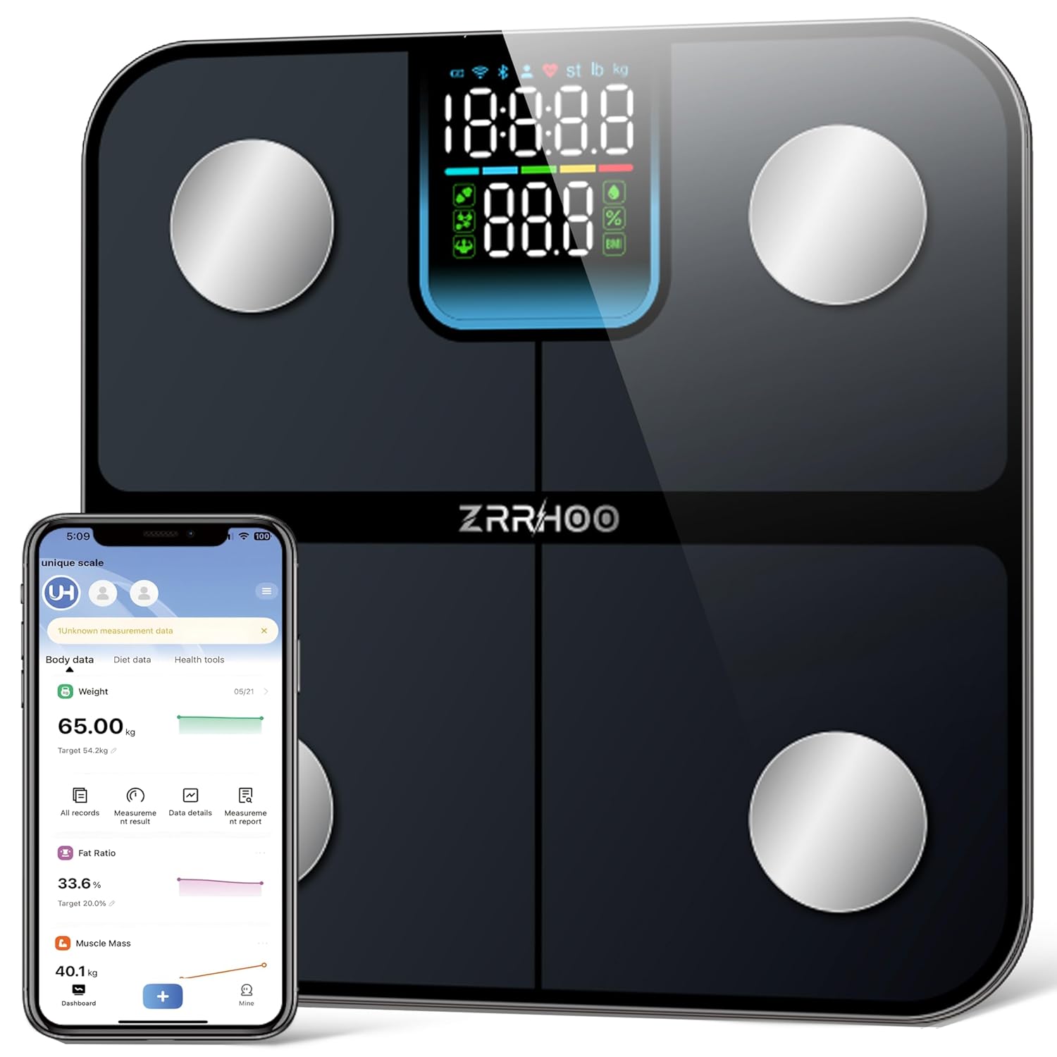 ZRRHOO Smart Scale Body Weight, Bathroom Scale for Weight with 7-in-1 Display, Scale for BMI, Body Fat, Muscle Mass, 25 Body Composition Bluetooth Weight Scale for Health Monitoring with APP, 400lb