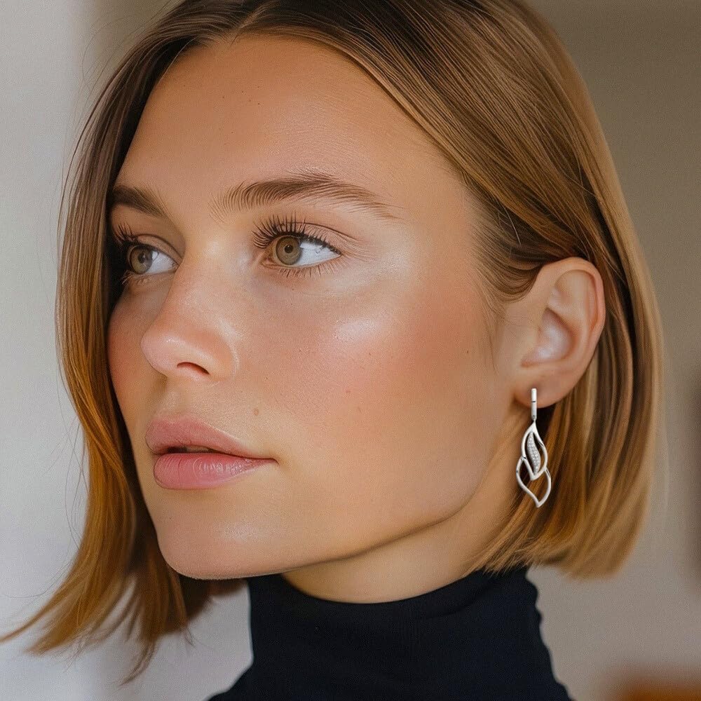IceCarats 14K Solid White Gold 0.23 carat Diamond Large Leaf Dangle Huggie Hoop Earrings 40mm 1.6 inch Round Cut, Natural, Prong Set, Snap Back For Her