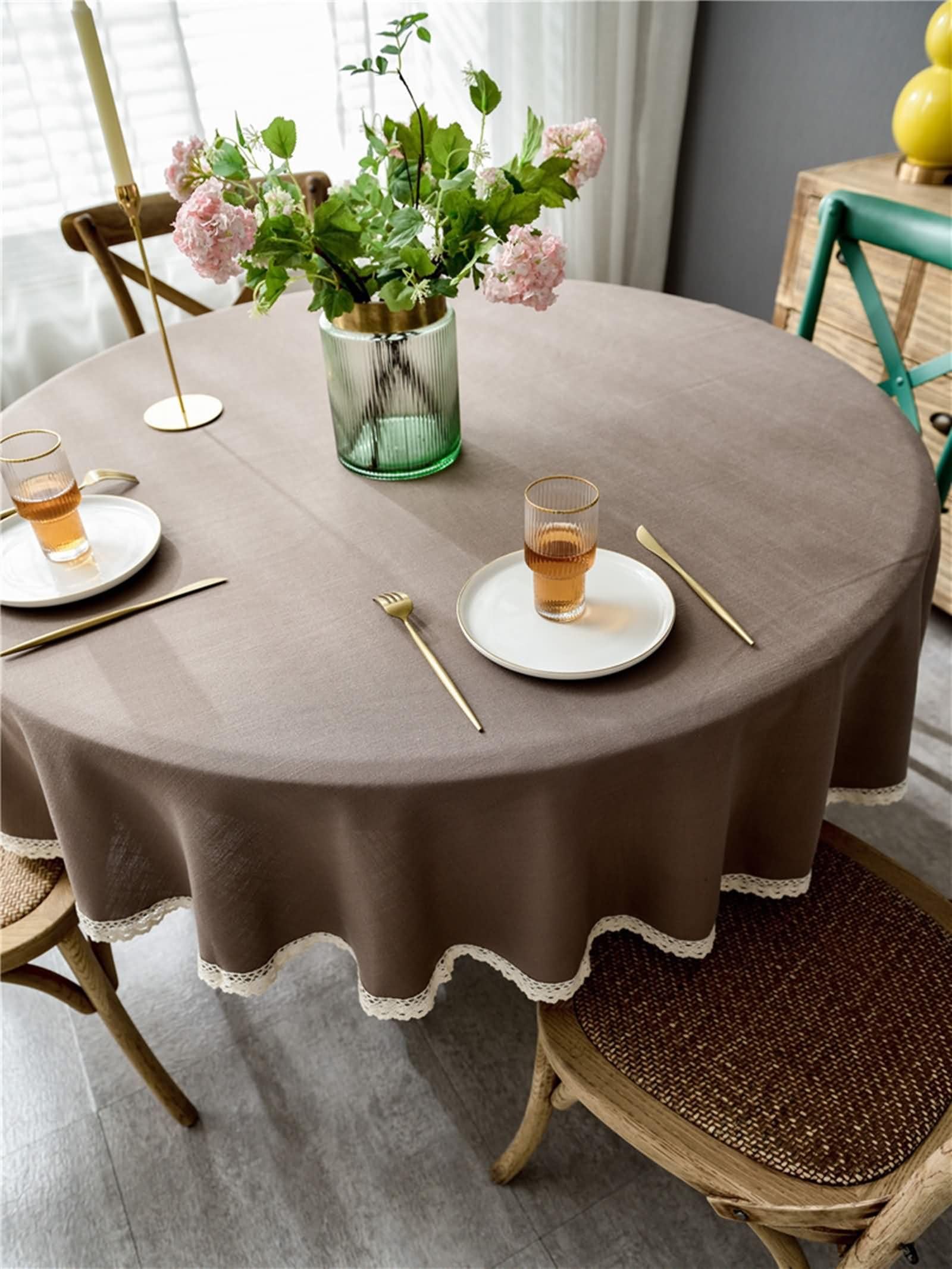 Fleckabweisende Tischdecke Rund 160CM,Tischdeckeer Tisch Braun Einfarbig mit Spitze Polyester Tischdecke Wohnzimmertisch
