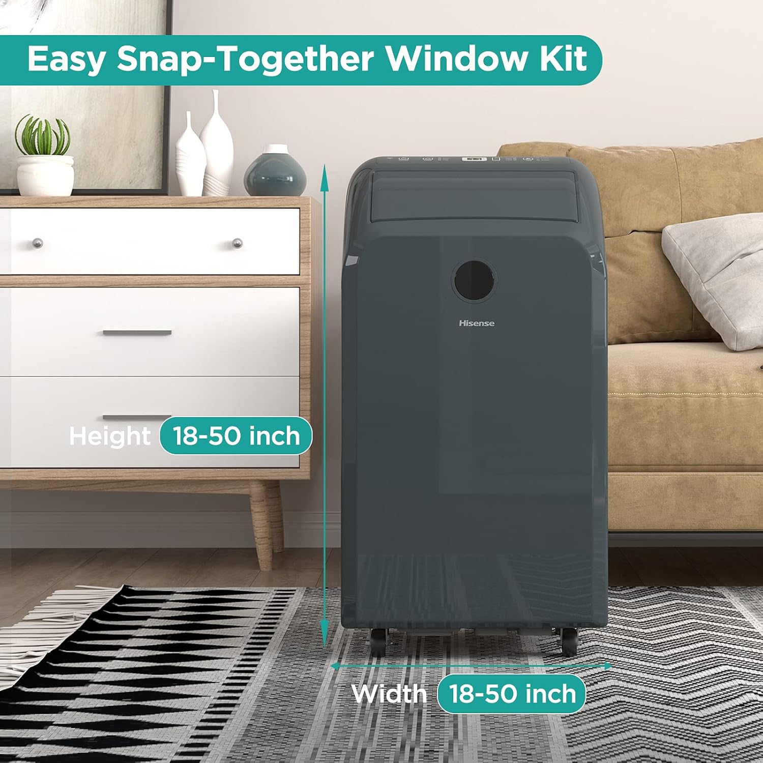 Hisense Smart Control Portable Air Conditioner 10,000 BTU Cooling Dehumidifier Fan with Remote Smartphone Google and Alexa, Rooms up to 450 sq ft, Black