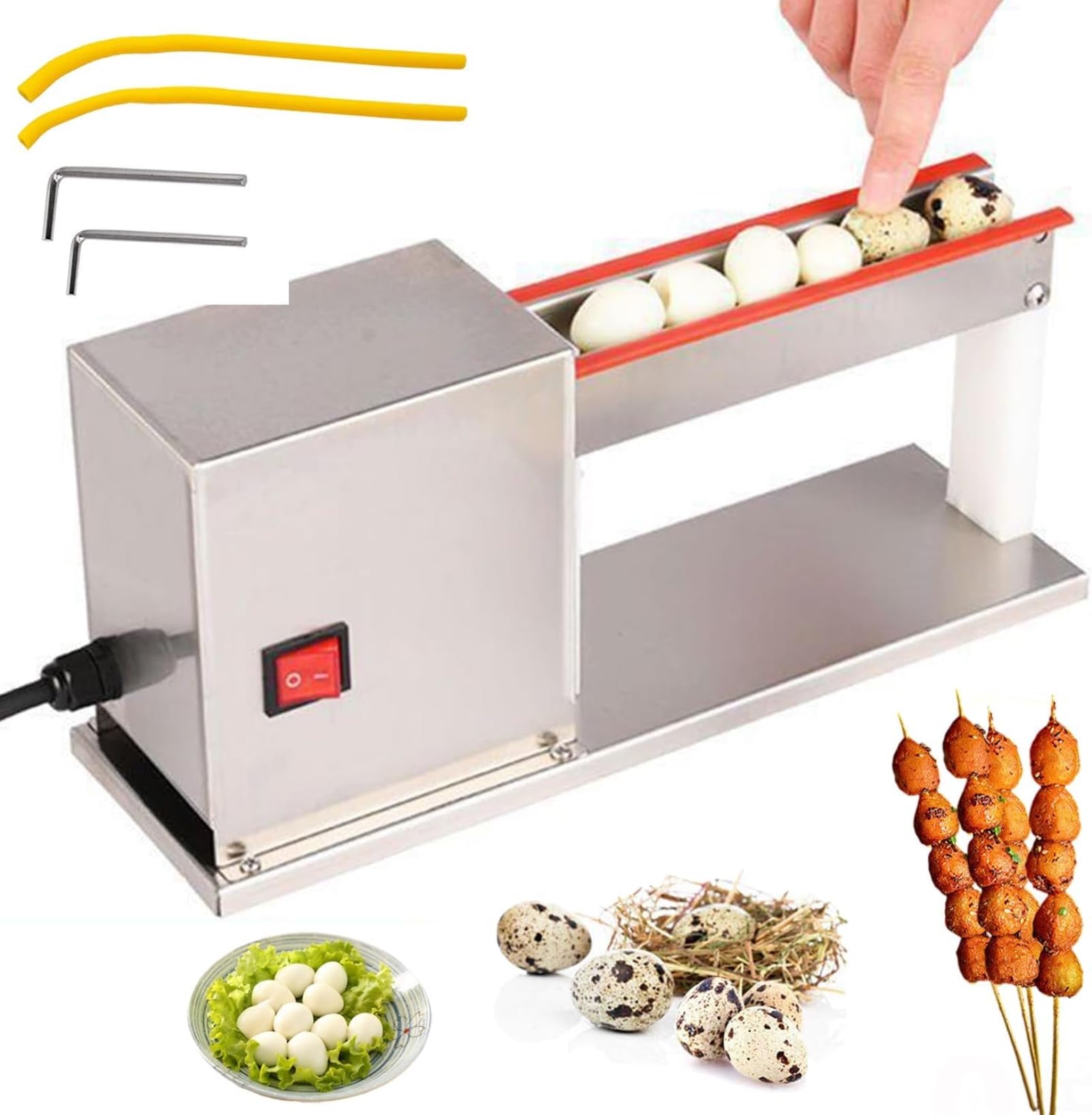 Máquina eléctrica del pelador de huevos de codorniz, herramienta comercial de cáscara de 28W, acero inoxidable de grado alimentario 304, procesamiento de 25Kg / H para huevos de codorniz hervidos ~ /