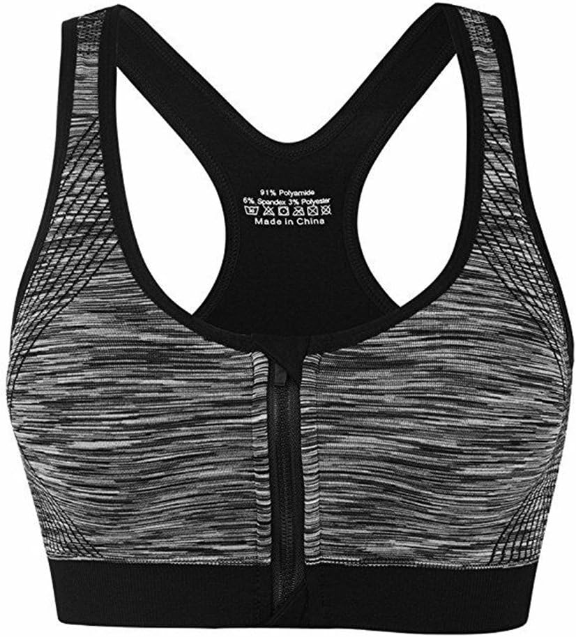 Neonr Front Zipper Sports Bras No Steel Ring Running High Impact Exercise Breathable Yoga Sports Bras Removable Pads Workout Bras (L, Grey)