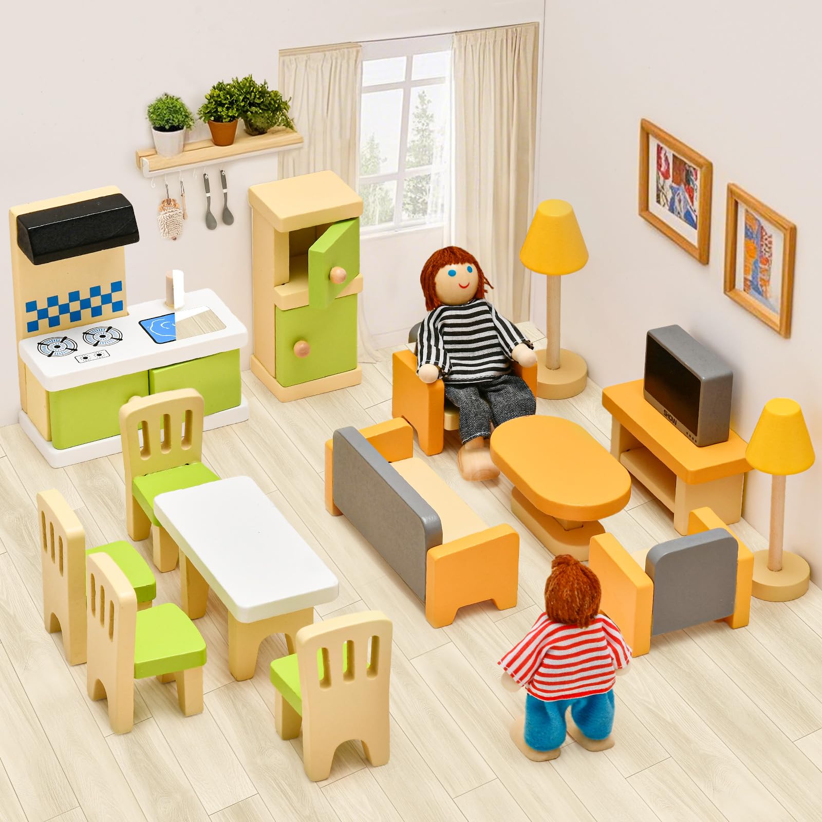 Toyssa Wooden Dollhouse Furniture Set, 36PCS Miniature Doll House Accessories with Colorful 5 Room & 4 Flexible Family Dolls, Pretend Play Toys Birthday Gift for Toddlers 3 4 5 6 Years Old
