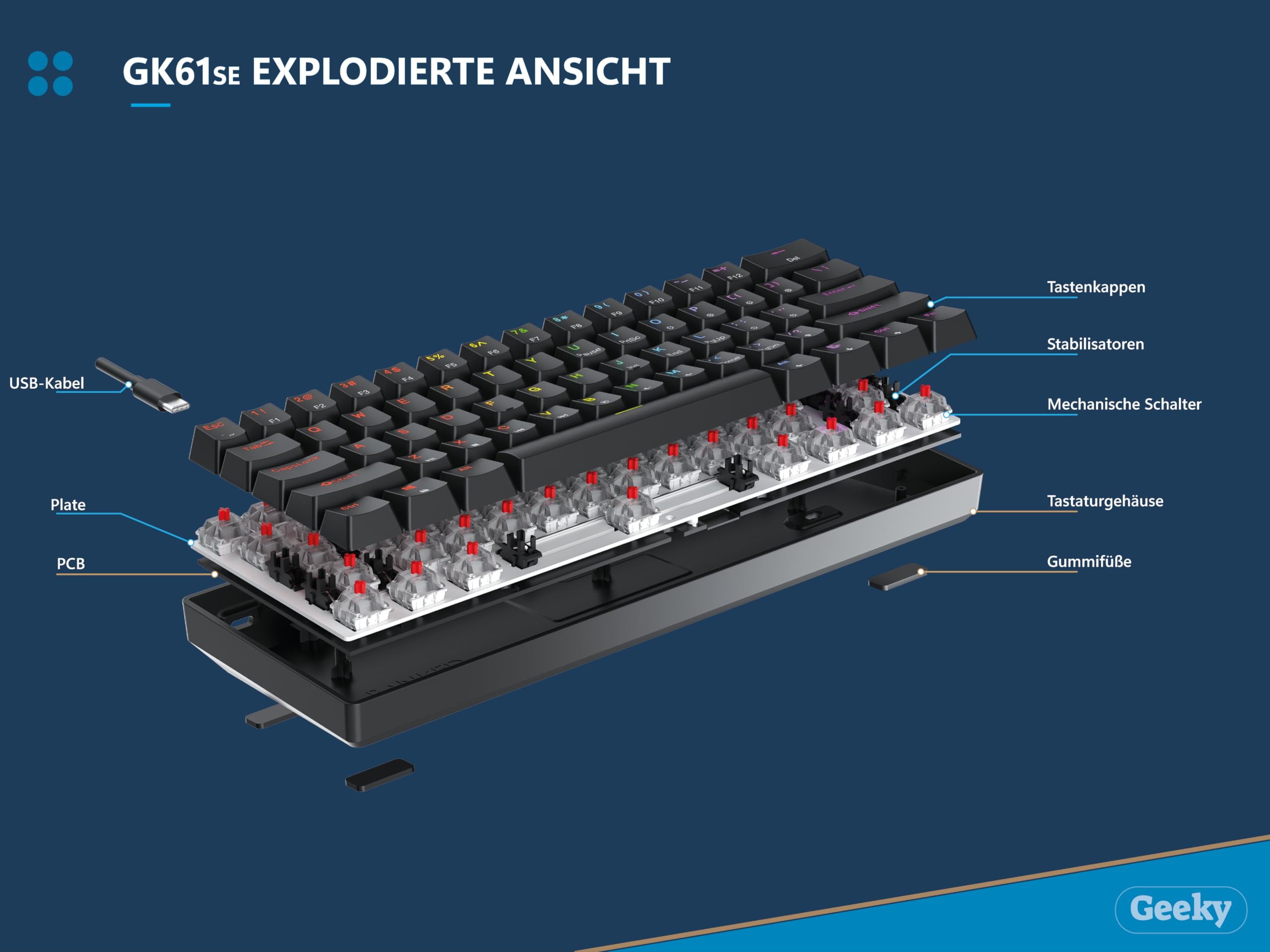 Geeky GK61 SE 60% | Mechanische Gaming-Tastatur | 62 Tasten Multi Color RGB LED Hintergrundbeleuchtung für PC/Mac Gamer| ISO DE Qwertz Deutsches Layout (Schwarz, Mechanical Brown)