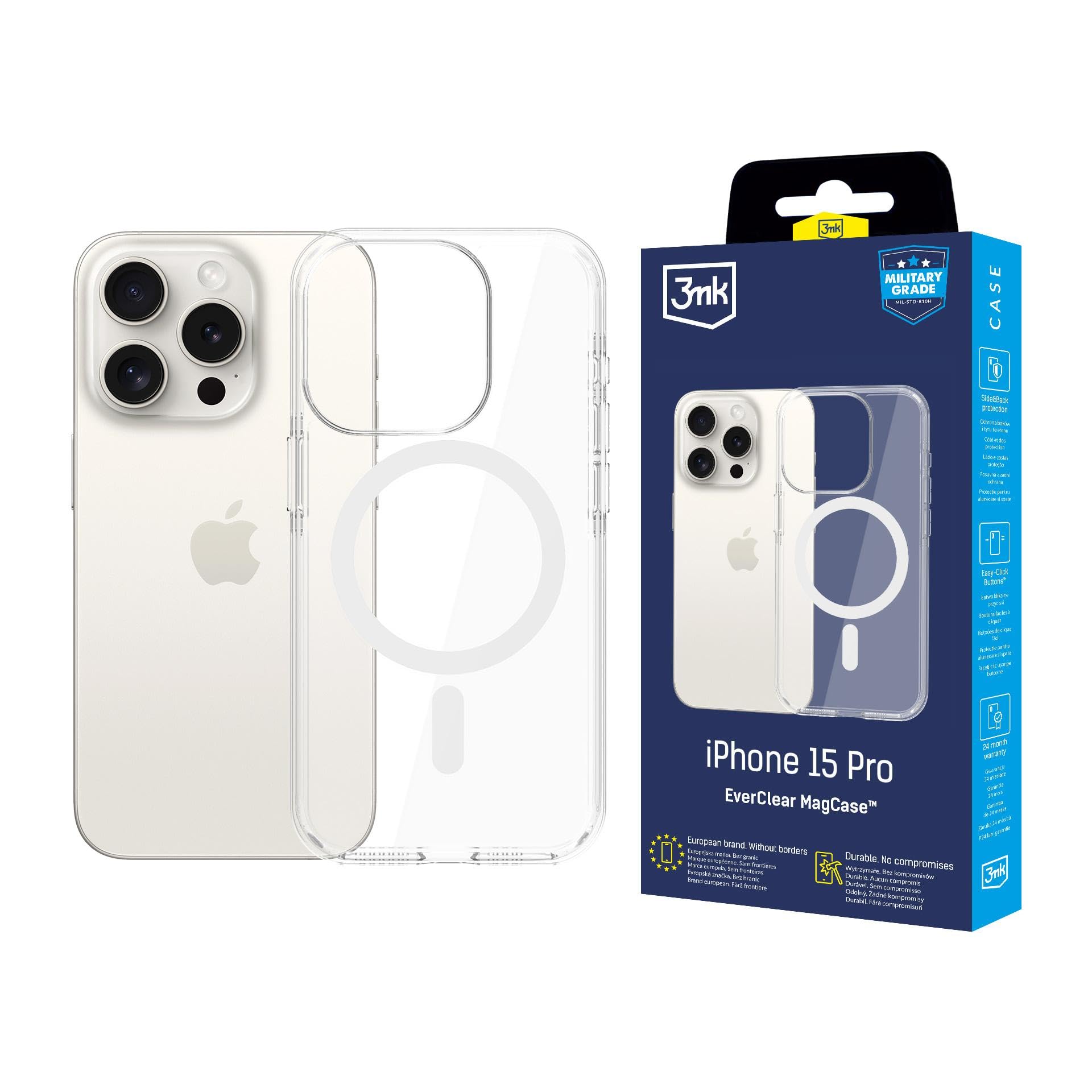 3mk EverClear MagCase Pancerne Etui kompatybilne z MagSafe do Apple iPhone 15 Pro, Przezroczysta Obudowa, Nieżółknące, Amortyzacja Upadków