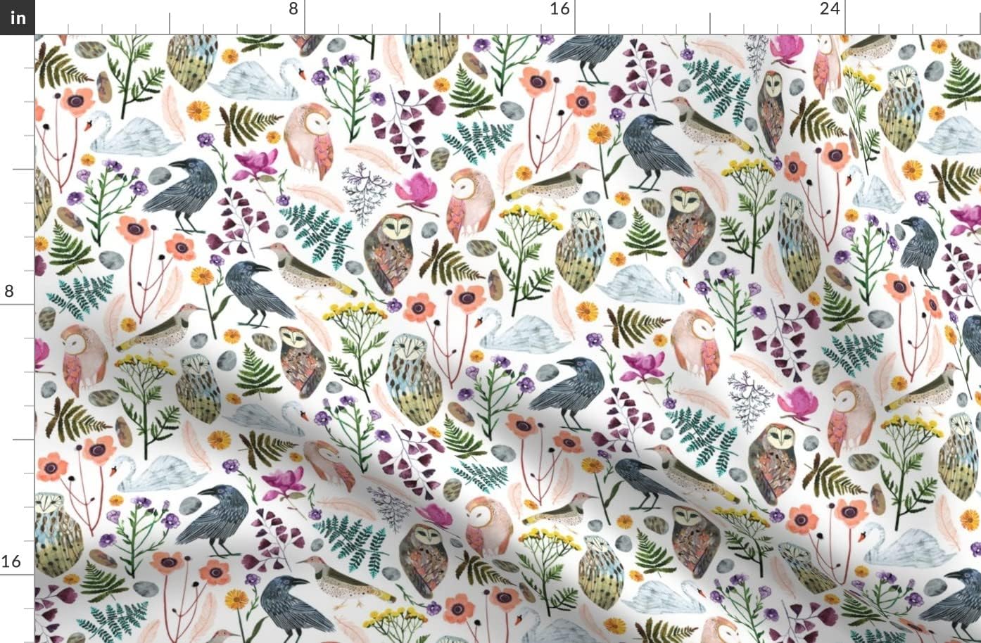 Spoonflower Fabric - Birds and Flowers Boho Woodland Watercolor Floral Owl Crow Raven Printed on Organic Cotton Sateen Fabric by The Yard - Sewing Quilting Apparel Home Decor