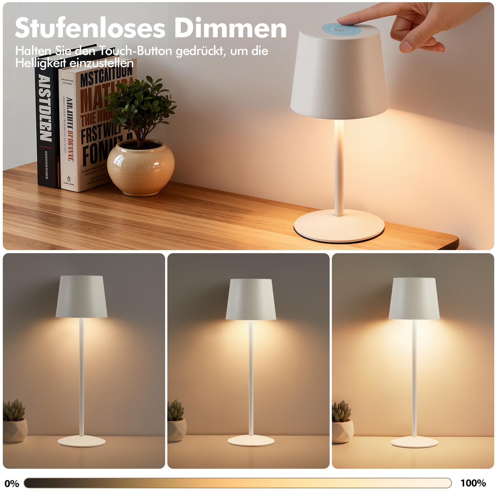 GyroVu Kabellose 2 Stück LED Tischlampe Weiß, Höhenverstellbar Touch Lampe Dimmbar Stufenlos, Wiederaufladbar Akku Tischleuchte mit USB-C, IP44 Wasserdicht, Für Camping Esstisch Wohnzimmer Nachttisch