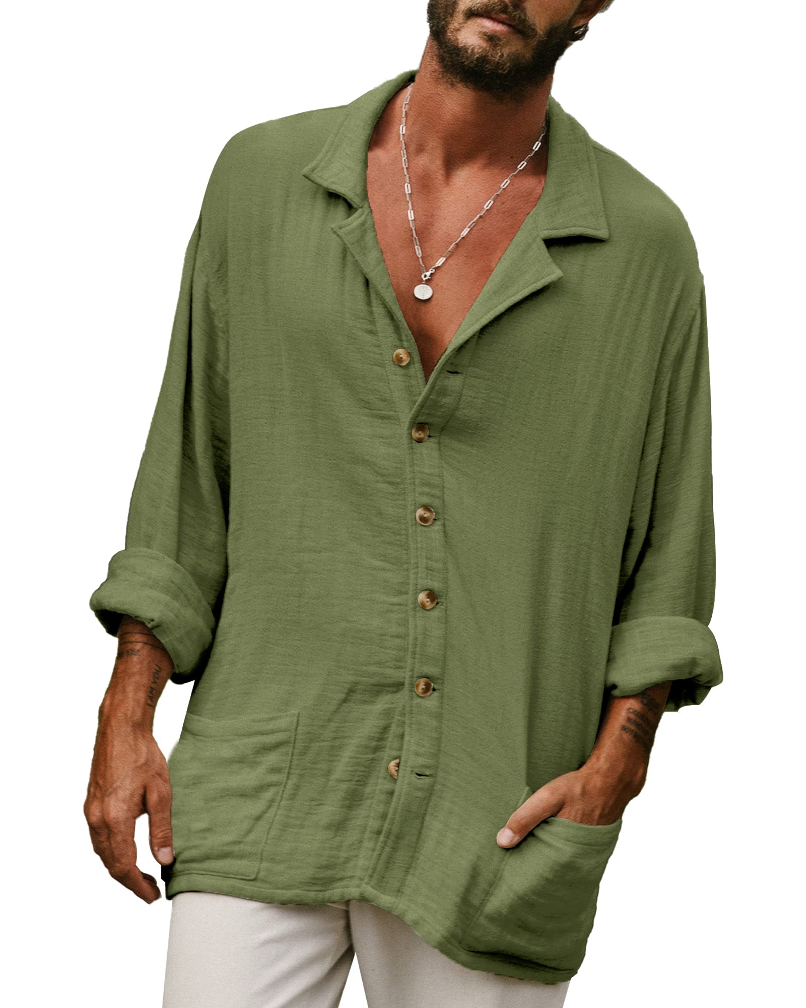 YAOHUOLE Camisas de Lino para Hombre Camisa de Verano para Hombre Manga Larga de algodón Camisa de Lino Ajuste Universal