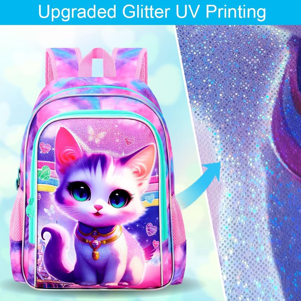 3Pcs Cat Backpack for School, 16" Girls Bookbag with Lunch Box, Kids Backpacks Set for Elementary Preschool Kindergarten(Pink)