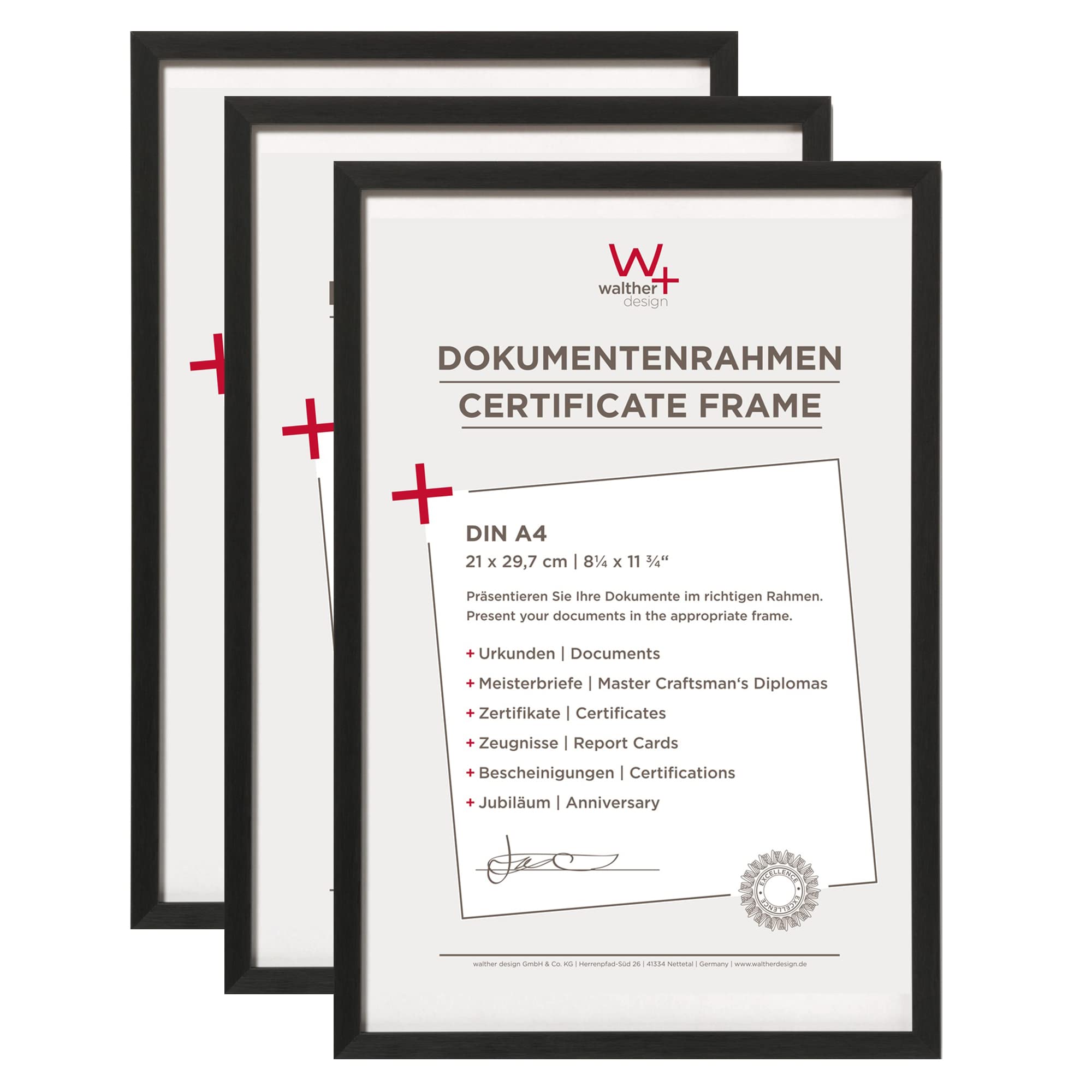 walther design Bilderrahmen schwarz 21 x 29,7 cm (DIN A4) Aluminium Dokumentenrahmen 3er Pack, Chair Alurahmen AJ130B3