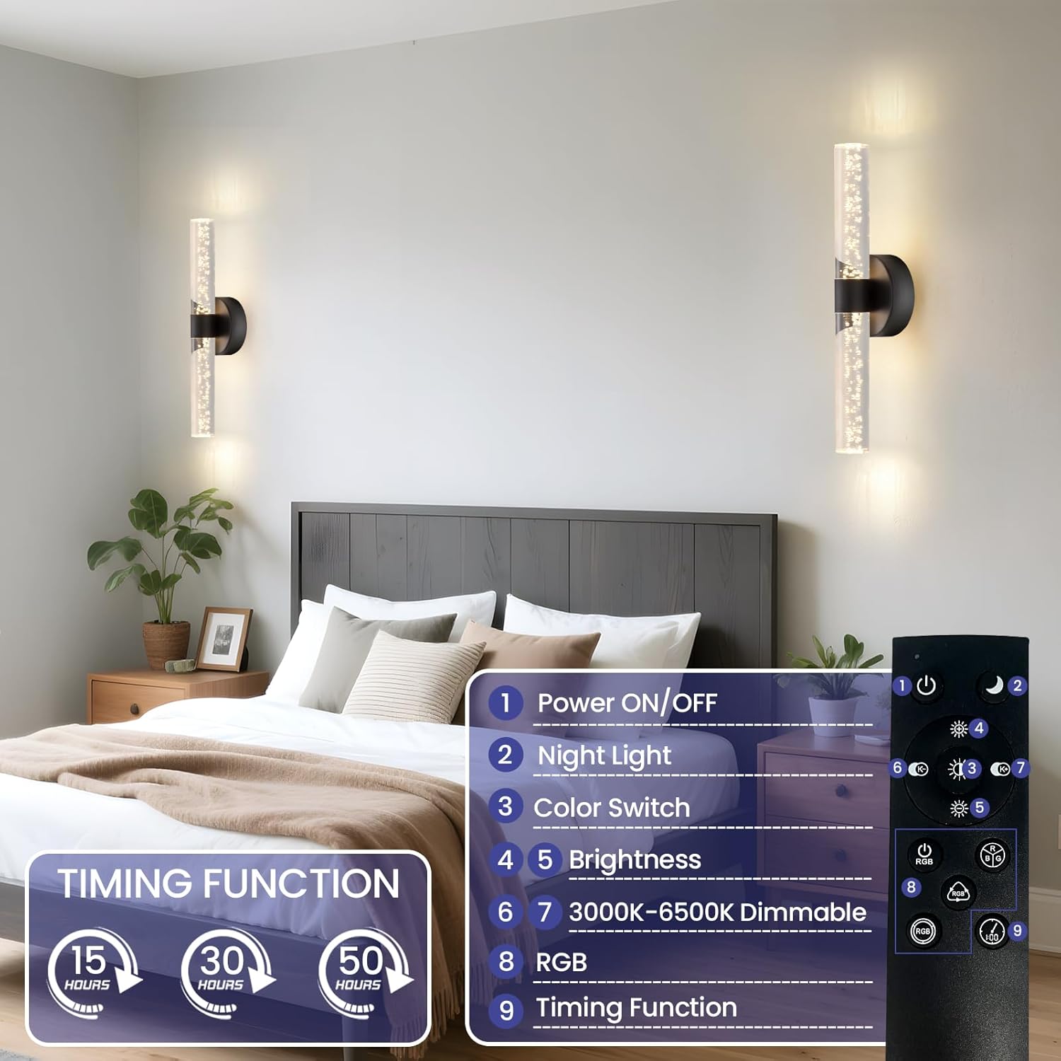 Battery Operated Black Wireless Wall Sconces 2-Pack,10000mAh LED Rotate Wall Light with Remote Dimmable, 9 Color with Bubble Crystal, 3 Color Temperatures, RGB Timing Lights for Living Room, Bedroom