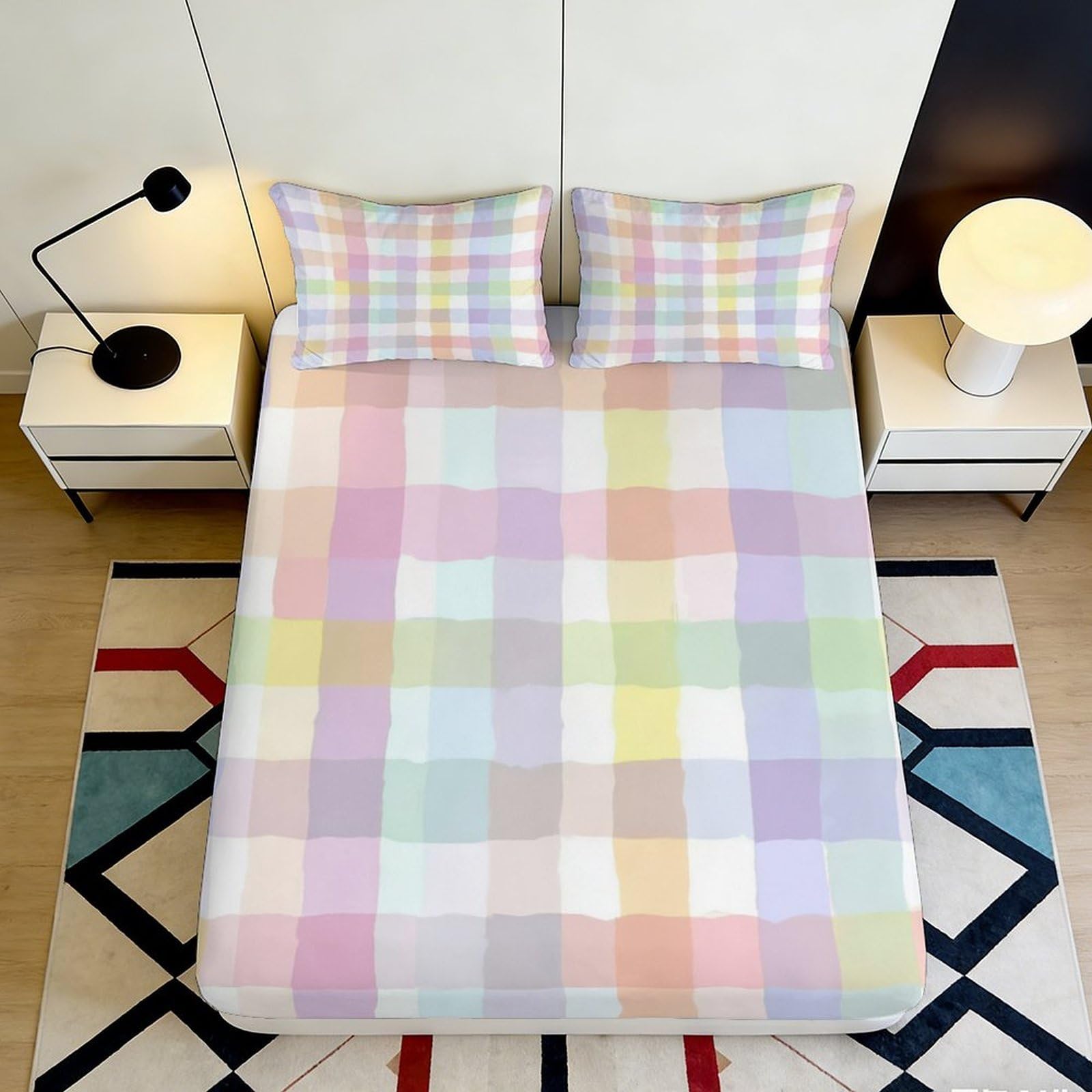 3D Printed Pastel Plaid Fitted Sheet Microfiber Soft Breathable Checkered Bed Sheet for Bedroom Dorm Mattress Protection Decor 90x200x25cm
