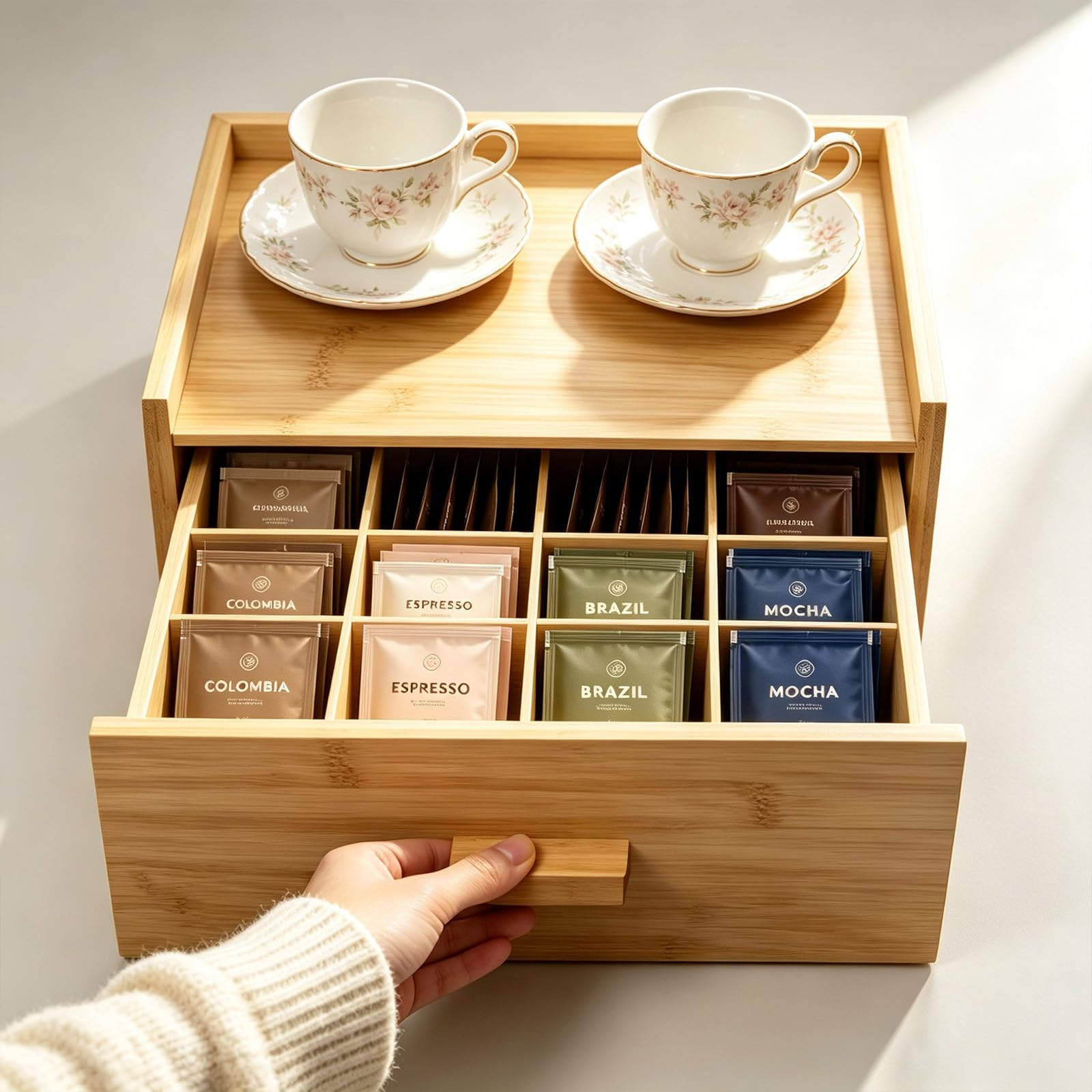 Boîte de rangement en bambou marron avec tiroir, 12 compartiments pour comptoir de thé, boîte à thé en bois naturel pour dosettes de café, sachets de sucre, sachets de thé