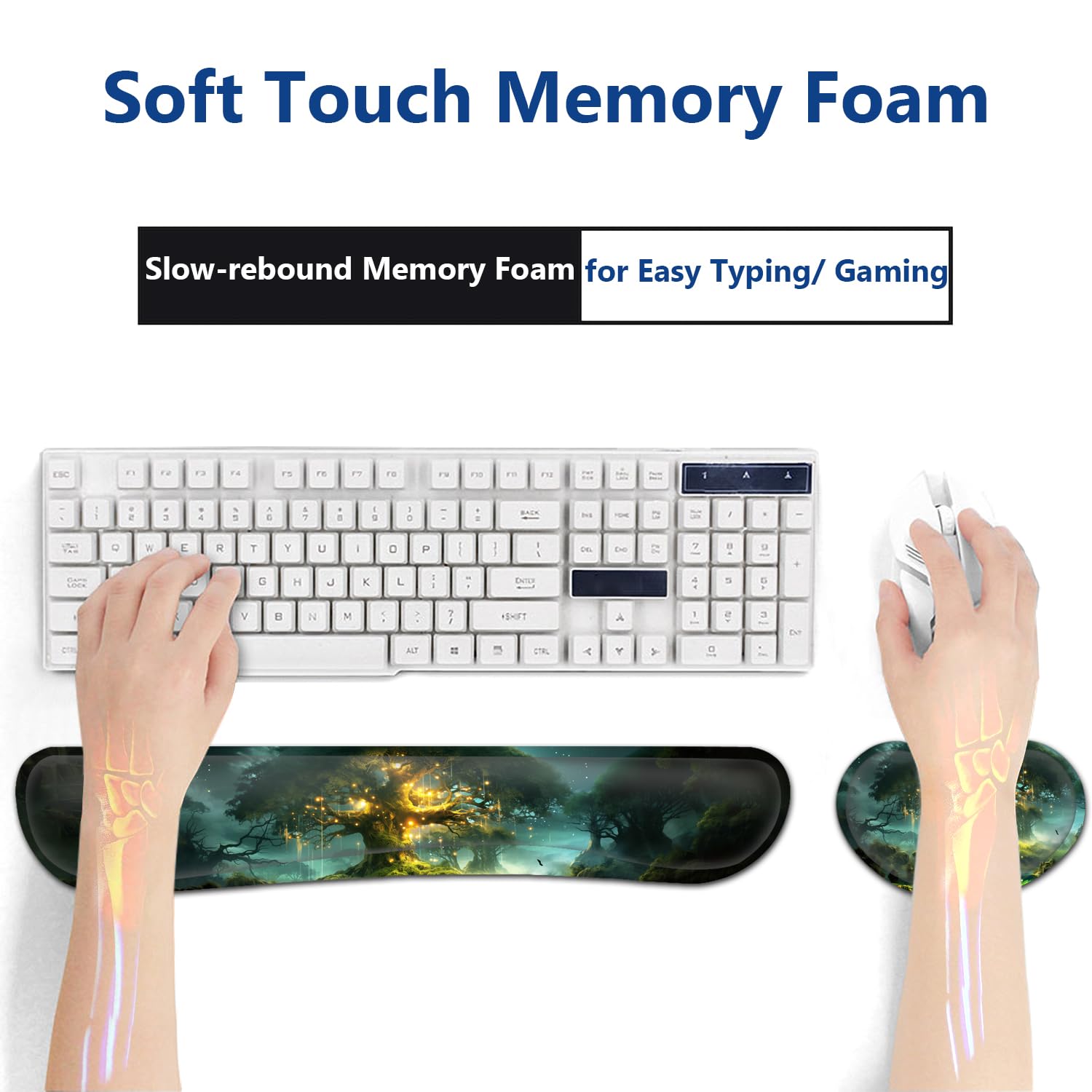 Großes Mauspad + Tastatur-Handgelenkauflage-Set, erweitertes Gaming-Mauspad (80 x 29 cm) mit rutschfestem Gummi, ergonomische Handgelenkauflage aus Memory-Schaum, Baum-des-Lebens-Muster