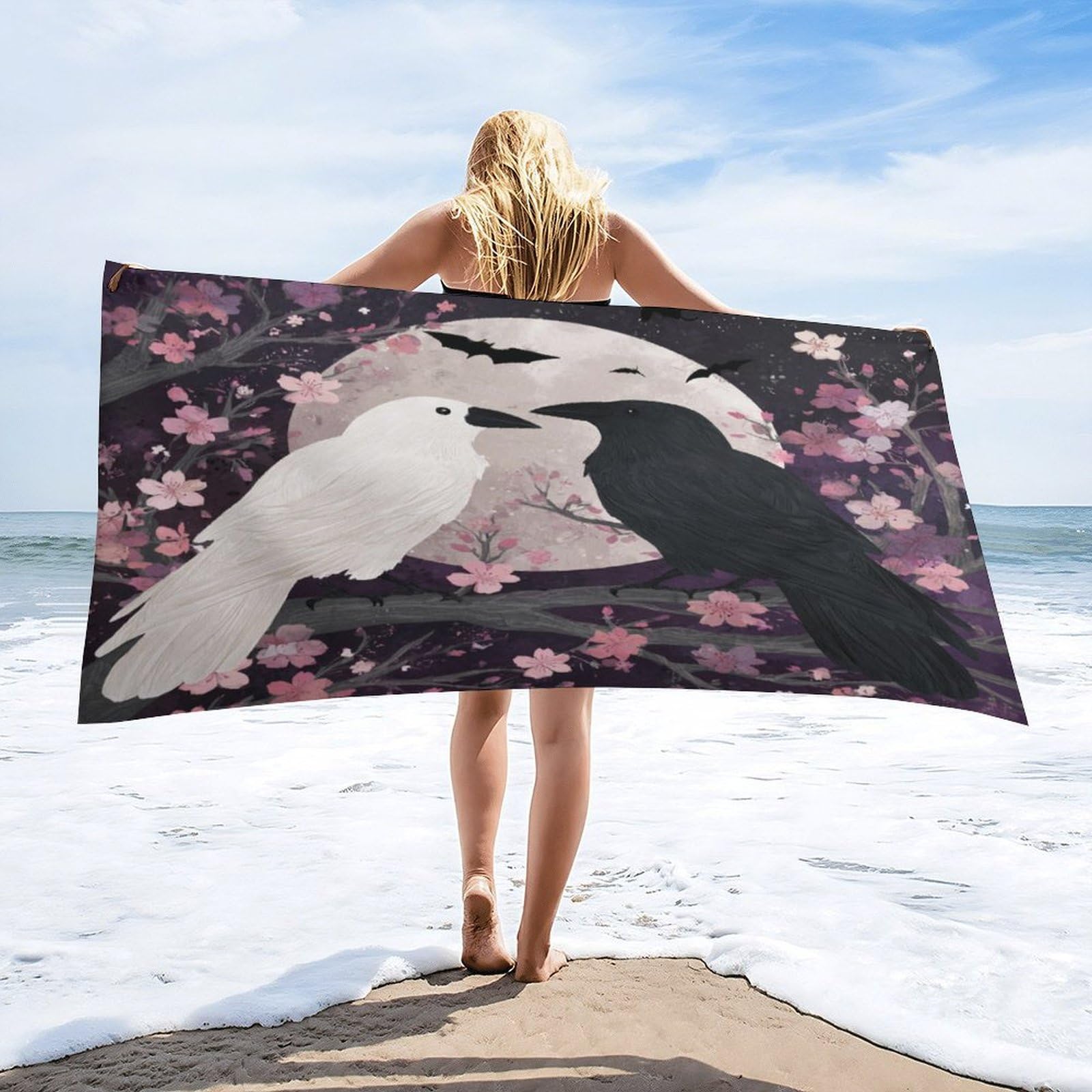 Luyysky Colorful Realistic Raven Couple Quick-Drying Beach Towel, Gothic Watercolor Full Moon Japanese Cherry Blossom Animal Bat Travel Vacation Single Sided Pile Bathroom Towels-80 W Cm X 160" L Cm