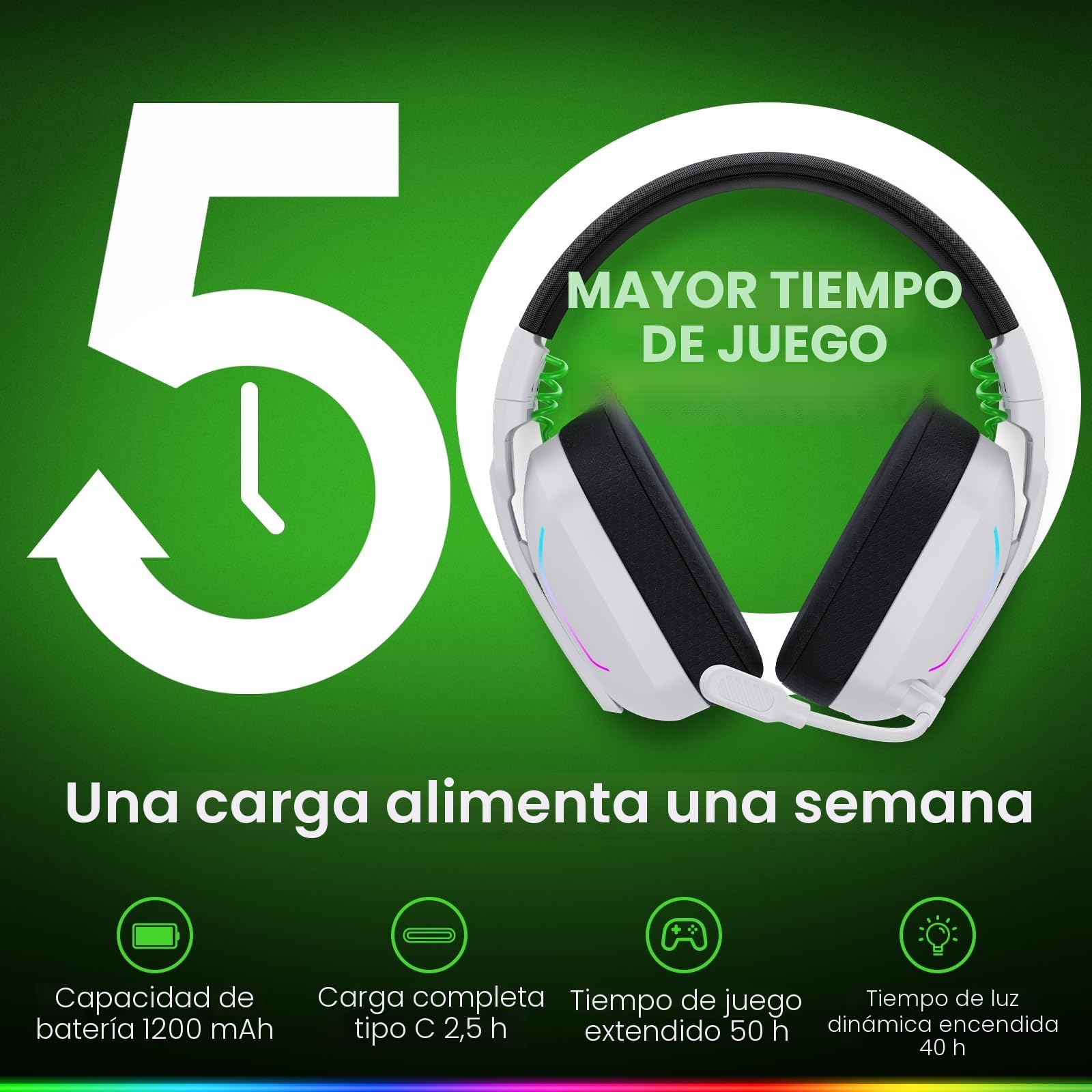 WESEARY WG1 Cascos Gaming Inalambricos, Auriculares Gaming Inalambricos para PS5, PS4, PC, Switch, Sonido Estéreo Auriculares Gaming con Microfono, Cascos con Luz LED, Duración 50Hr+