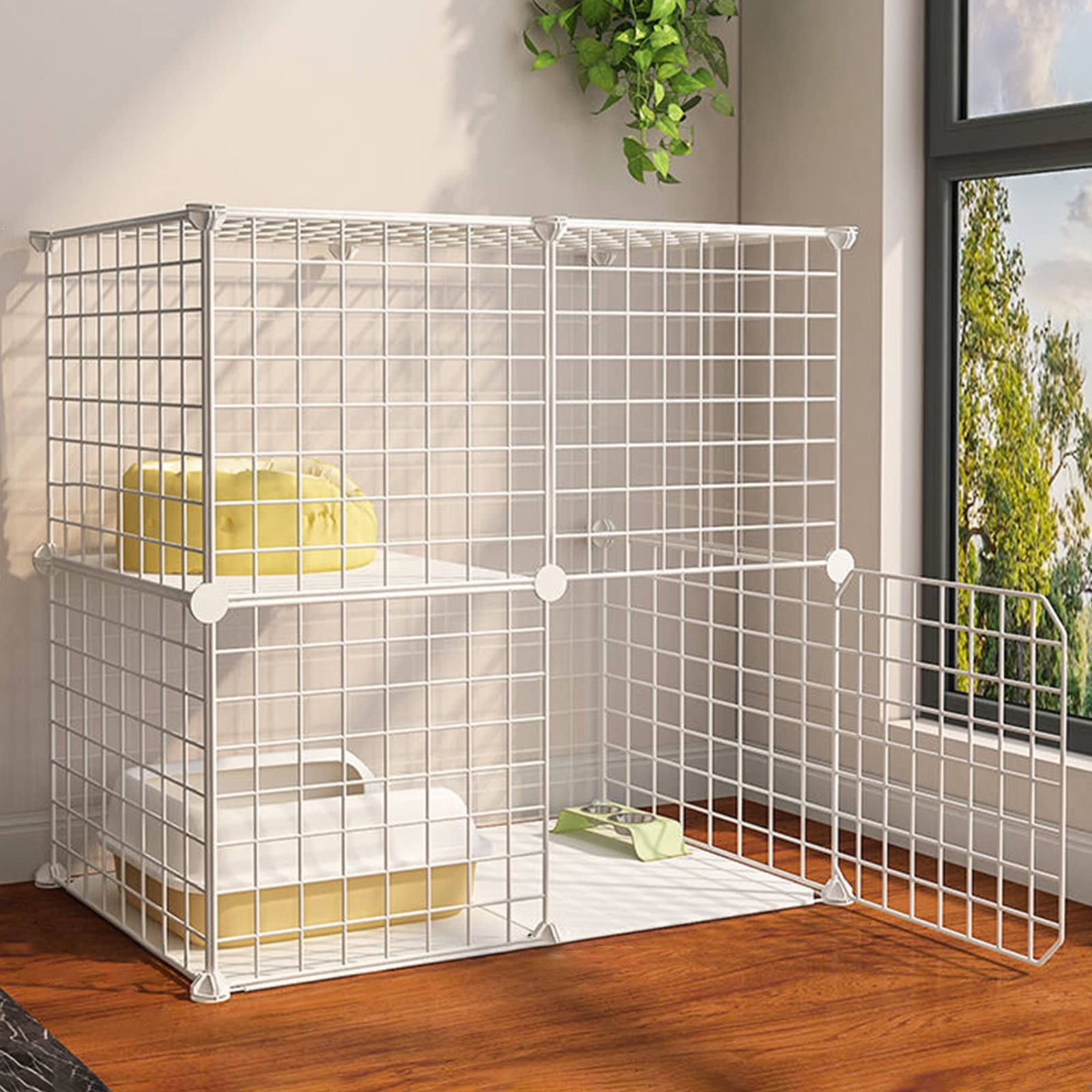 Cage double pour chat d'intérieur en métal jaune idéale pour le salon et le repos de votre animal