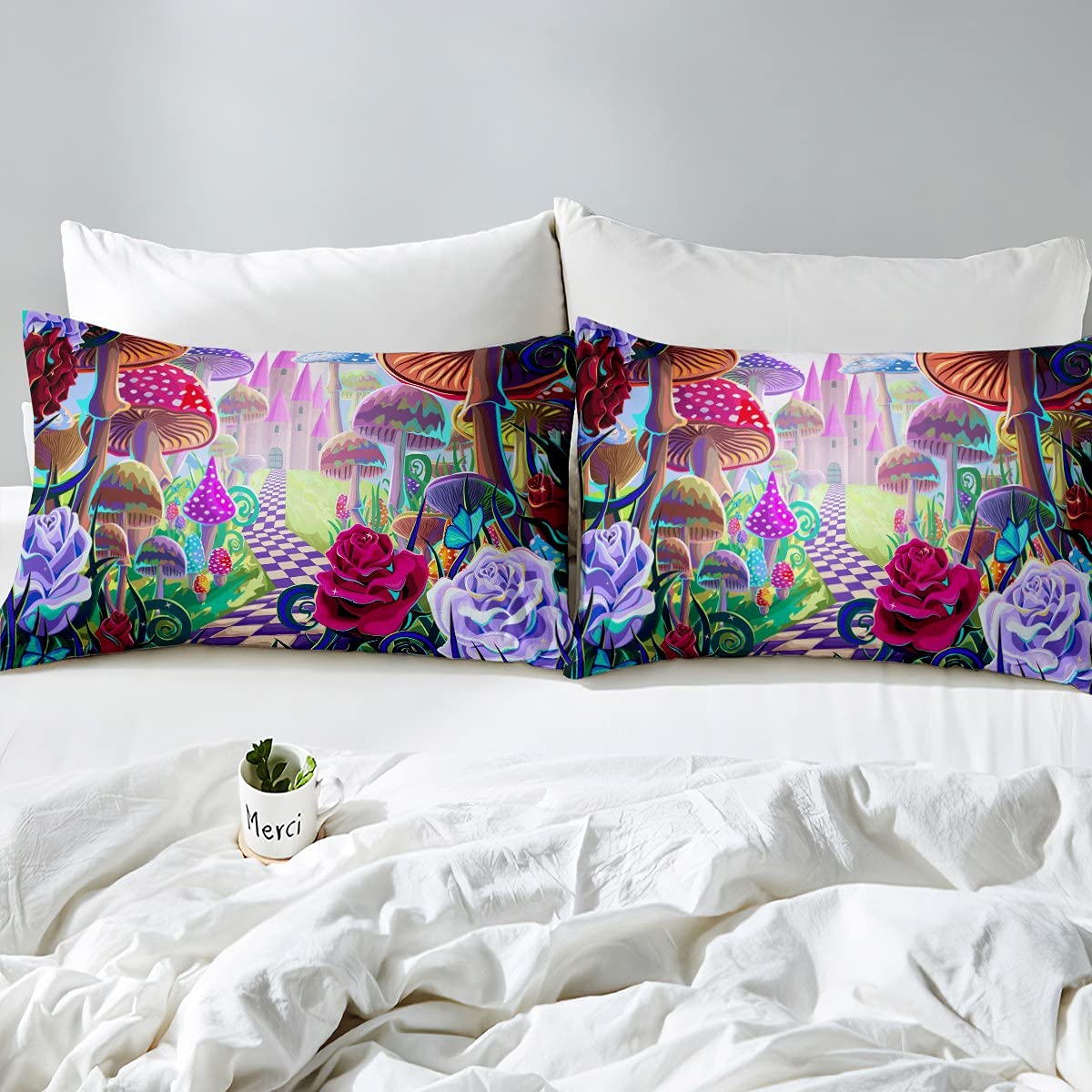 Juego de ropa de cama colorida para niños y niñas, diseño de castillo de setas, diseño de flores, color rosa