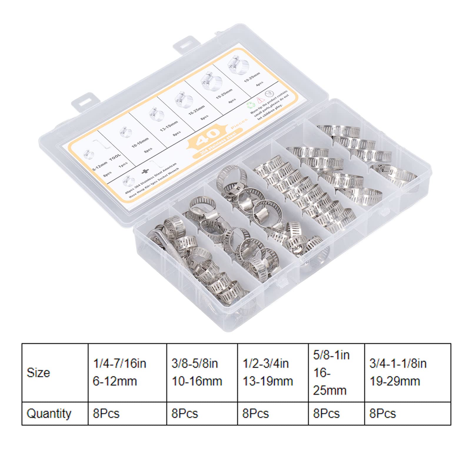 Schlauchschellen-Set 40 Stück | Edelstahl, Mit Gelbem Griff | 5 Größen Von 6–29 Mm | Für Flexible Schläuche