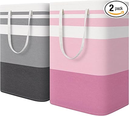 HomeHacks 2 Pack Large Laundry Baskets, Waterproof, Freestanding Laundry Hampers, Collapsible Clothes Hamper with Reinforced Handles in Laundry, College Dorm, Bathroom, Bedroom (Grey+Pink, 75Lx2)