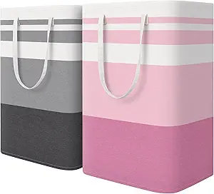 HomeHacks 2 Pack Large Laundry Baskets, Waterproof, Freestanding Laundry Hampers, Collapsible Clothes Hamper with Reinforced Handles in Laundry, College Dorm, Bathroom, Bedroom (Grey+Pink, 75Lx2)