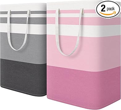 HomeHacks 2 Pack Large Laundry Baskets, Waterproof, Freestanding Laundry Hampers, Collapsible Clothes Hamper with Reinforced Handles in Laundry, College Dorm, Bathroom, Bedroom (Grey+Pink, 75Lx2)