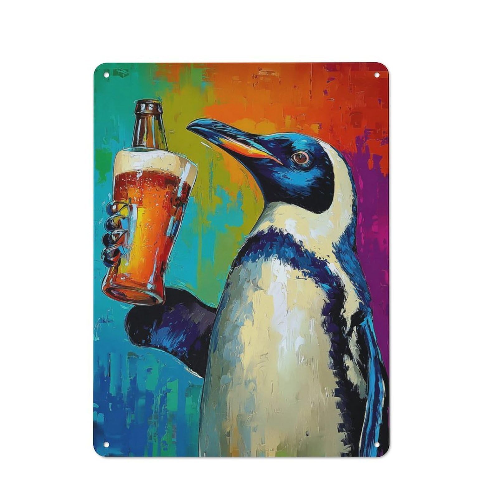 Metal Wall Plaque with Penguin with Beer Bottle Design 40x30cm, Retro Small Space Decor for Flat, Dorm Room, Lounge Or Cafe