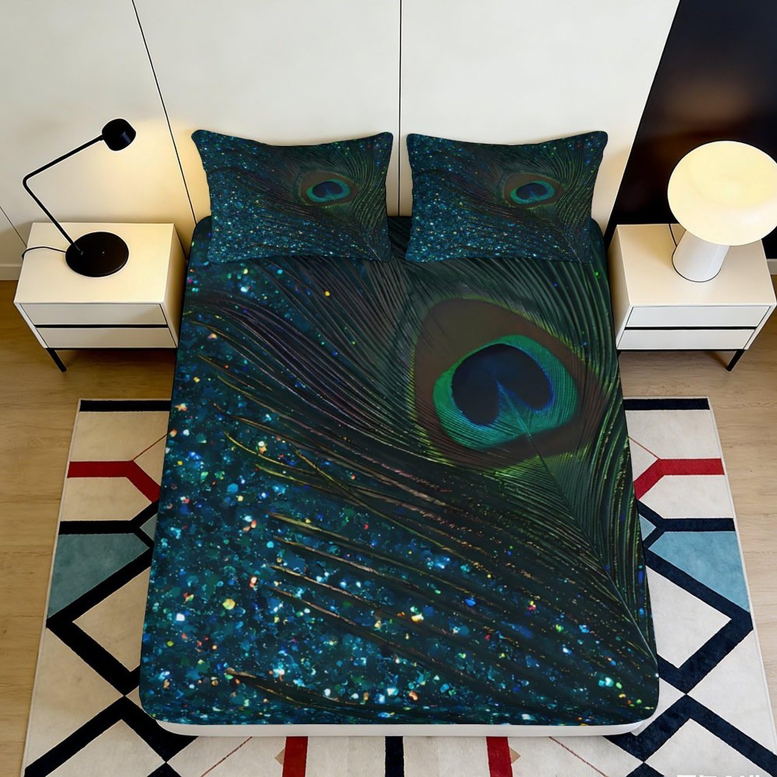 Jqzkxnhpbr Style-7 3D Printed Peacock Feather Fitted Sheet Microfiber Soft Anti-Slip Bed Cover For Bedroom Guest Room Home Decor Easy Care 90X200x25cm