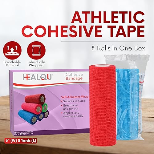 Miniatura 9 de HEALQU Vendaje autoadhesivo  12 rollos de cinta cohesiva de 2 pulgadas x 5 yardas para atletismo y deportes  Cinta médica autoadherente, vendajes