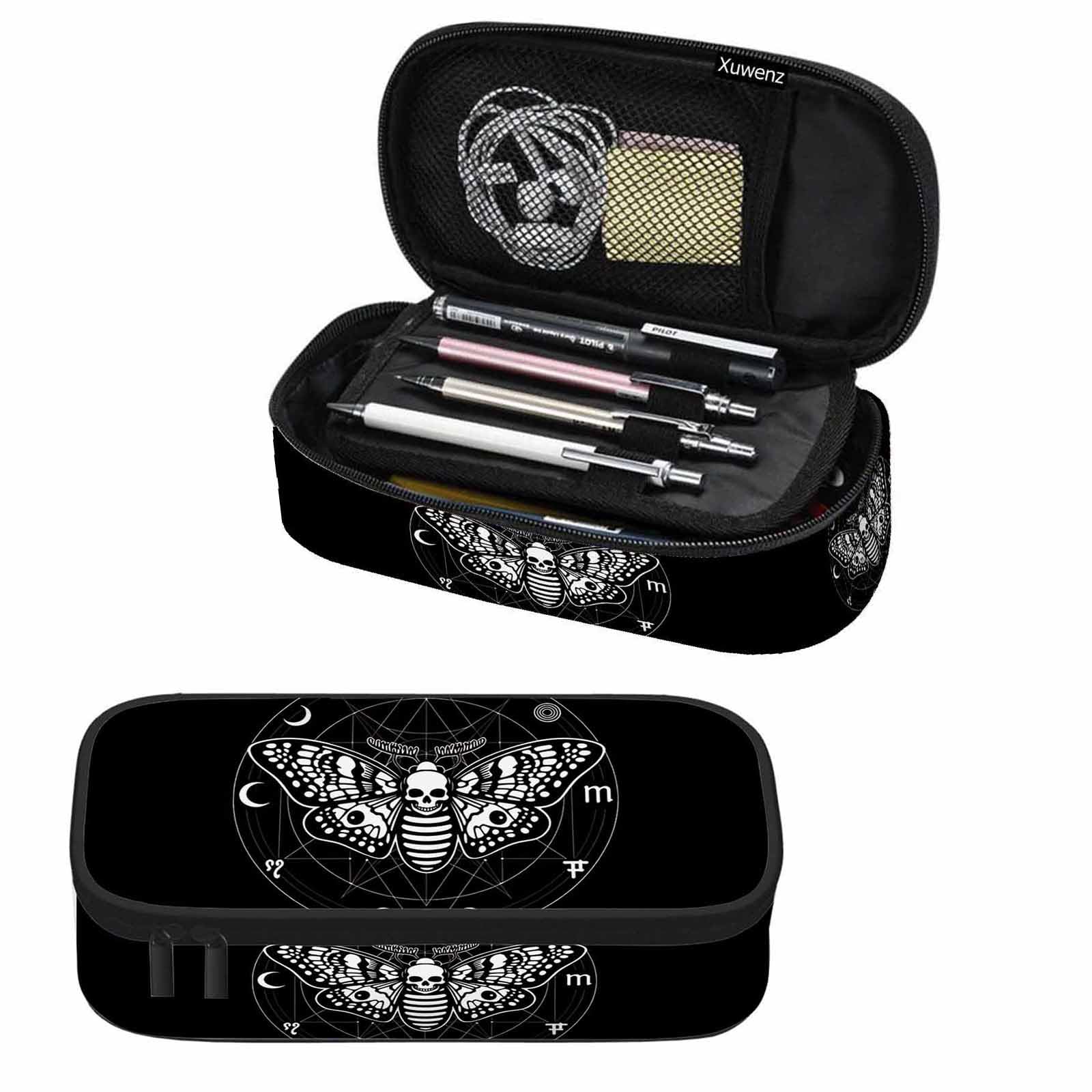 Xuwenz Black Skull Moth Pen Organizer Bag Skull Dead Head Mystical Circle Moon Watercolor Pencils Cosmetic Bag Office Stationery Organizer for Teen