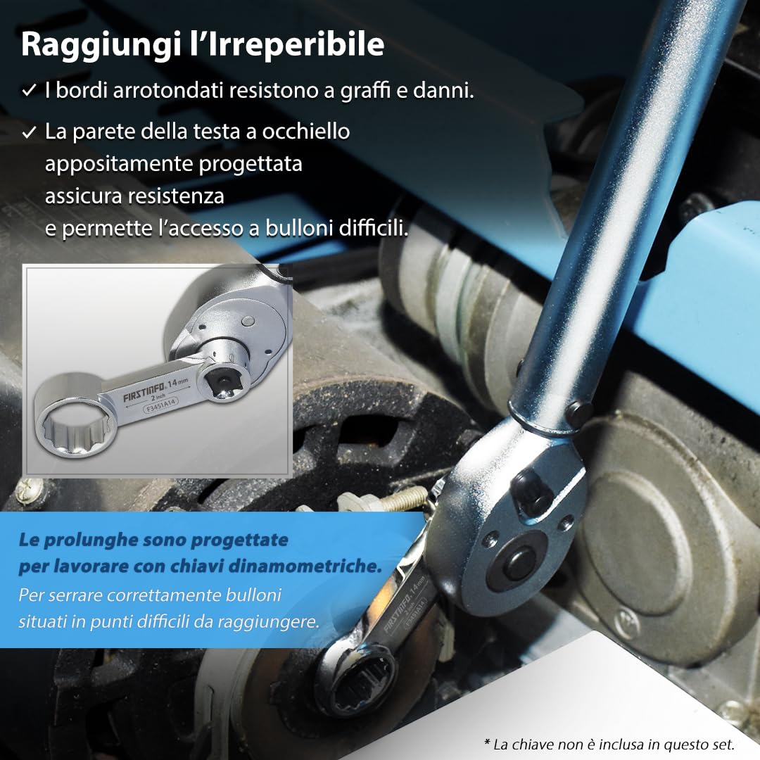 FIRSTINFO F3451A Set adattatori di coppia metrici a occhio 12 punti attacco 3/8" 10 pezzi in acciaio cromo vanadio con vassoio in schiuma EVA e valigetta da trasporto