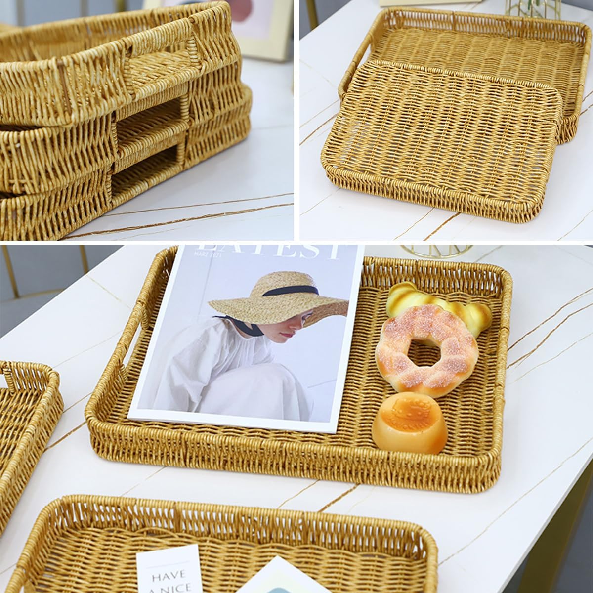 2 Pack Rectangle Rattan Serving Trays with Handles, Decorative Woven Wicker Organizer Baskets Storage Tray for Coffee Table, Bread, Fruit, Snacks - Image 5