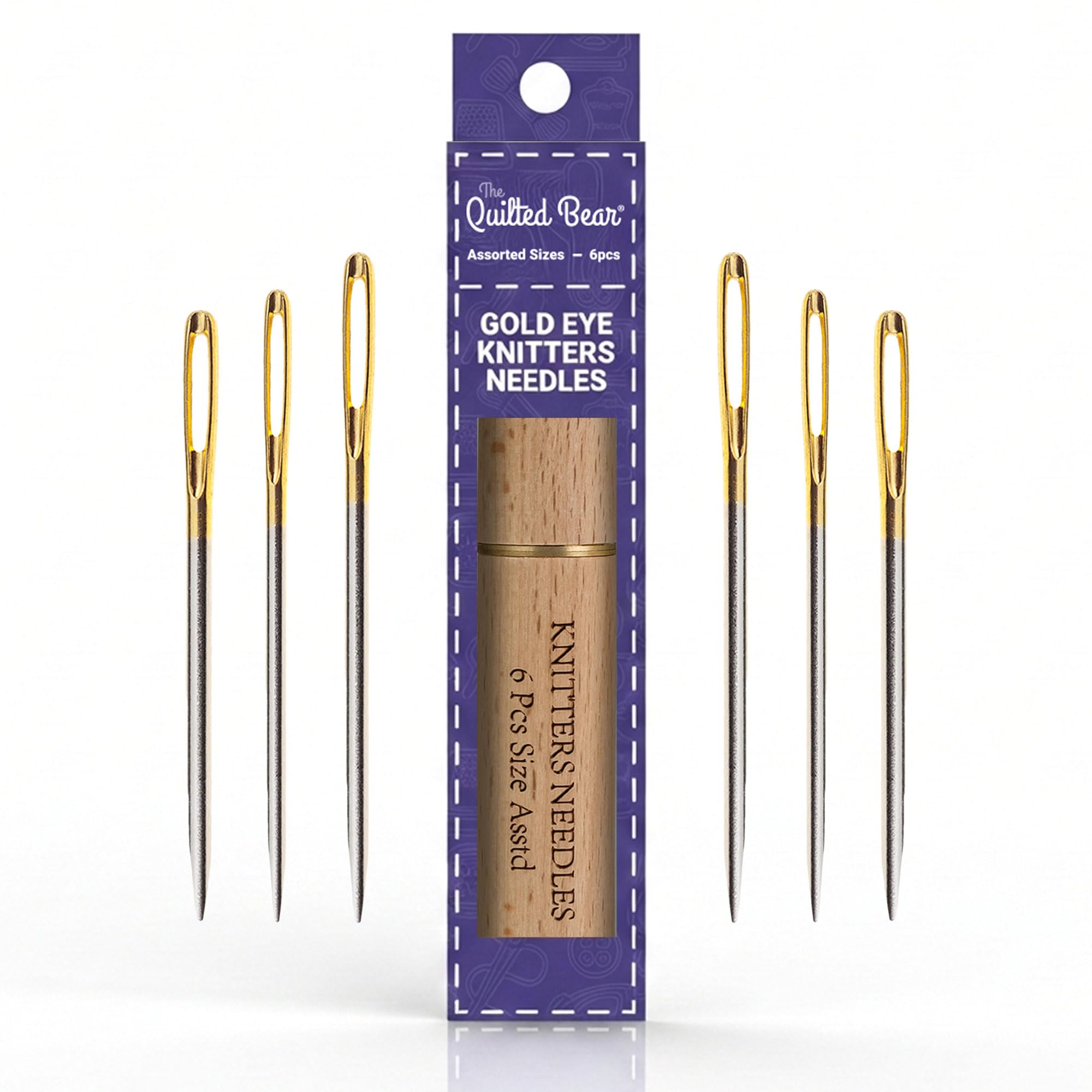 The Quilted Bear Wooden Case Gold Eye Knitters Sewing Needles - 6 Knitters Large Eye Yarn Needles In A Premium Engraved For Hand Sewing Knitting & Crochet (Assorted Sizes)