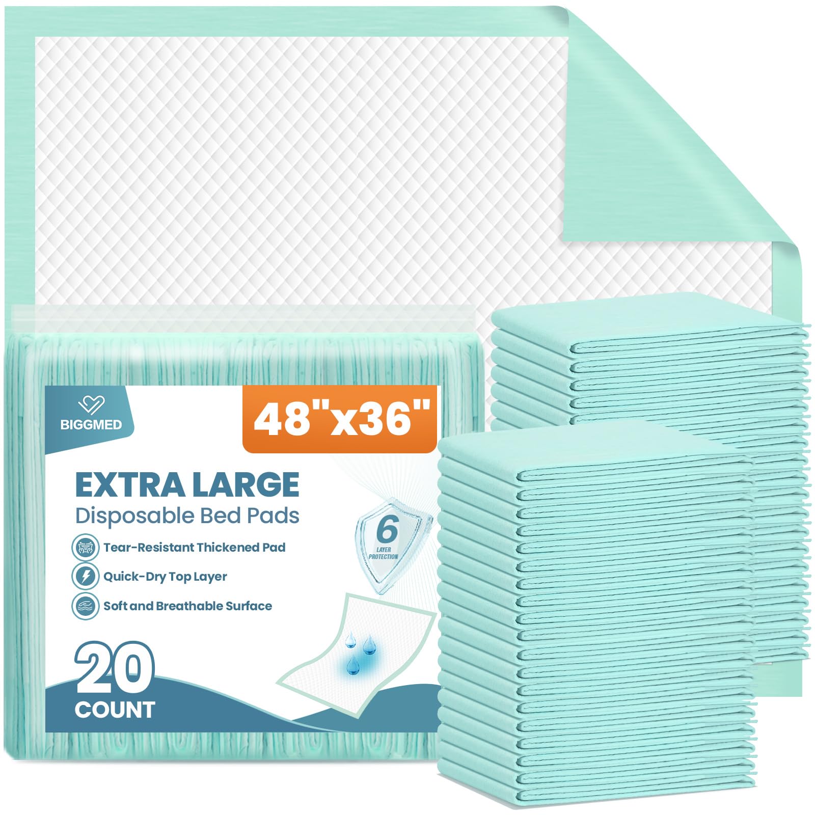 BIGGMED Almohadillas desechables resistentes al desgarro, 48 x 36 pulgadas, extra grandes, 165 gramos, absorbencia, para incontinencia, almohadillas gruesas para orina para adultos, ancianos,