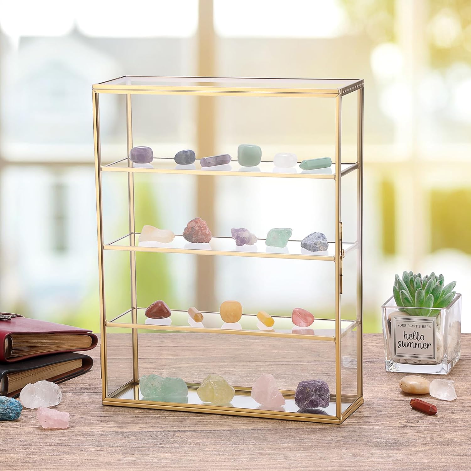 JUXYES 4 Tiers Tabletop Brass Glass Rock Display Case with Latch Door, Modern Clear Rocks Display Case Box with Mirror Bottom, Gold Dust Proof Case for Collectible, Mineral Crystal, Stones