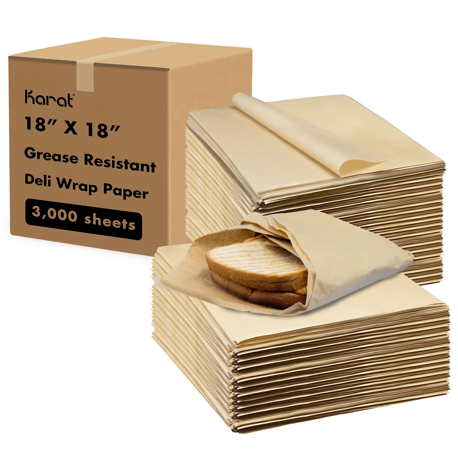Karat [3,000 ct] 18"x18" Deli Paper Sheets | Kraft Grease-Resistant Wrapping Paper | Designed for Oversized Items, Large Trays, and Catering Needs