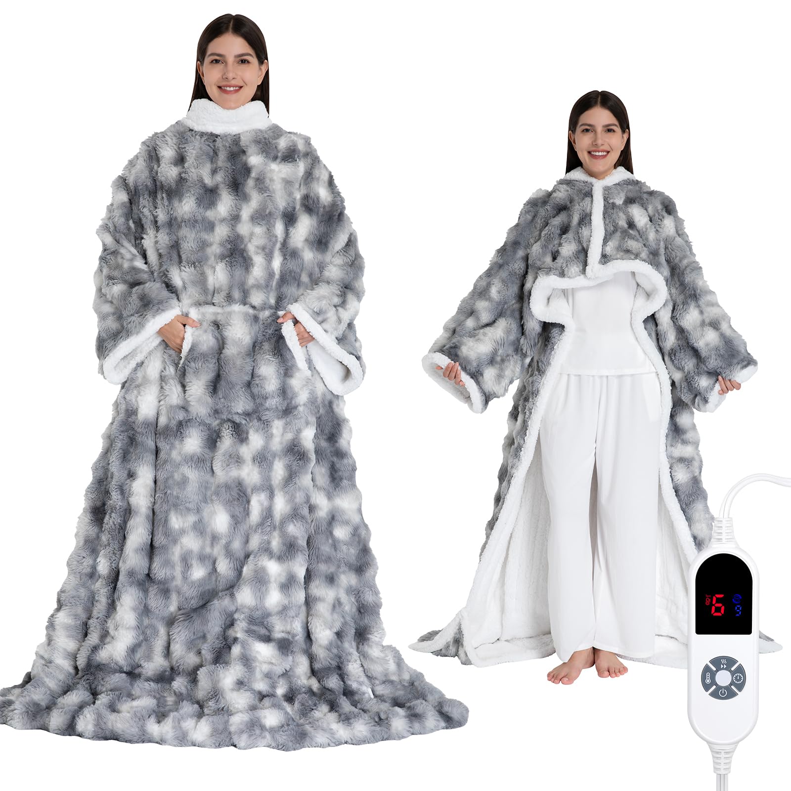 Wearable Heated Blanket, Luxury Faux Fur &amp; Sherpa Electric Throw Blanket with Sleeves, Foot Pockets, Heated Robe for Women Men Gift, 3 Heat Levels &amp; 12H Timer, ETL &amp; FCC Certified, 52"x 72" Grey White