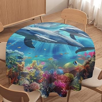 Blue Sea Ocean Dolphin Round Tablecloth Undersea World Marine Life Tropical Fish Coral Table Cloth for Home Kitchen Holiday Decor Party Indoor Outdoor, 36Inch