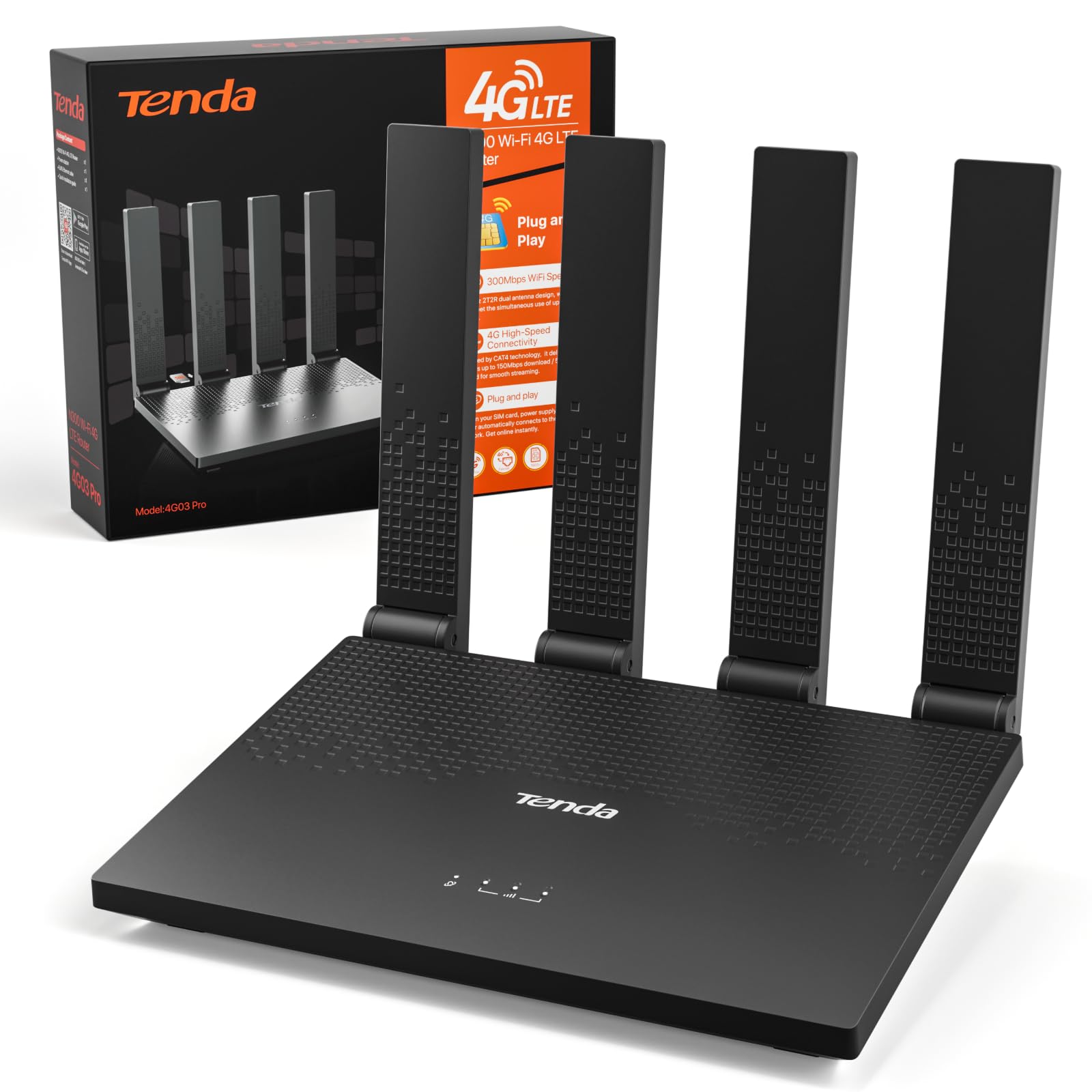 Tenda Router 4G con SIM Modem LTE Cat4 Wi-Fi N300 4G03 Pro V2.0 | 4 Antenne Pieghevoli, USB-C, Porta LAN/WAN, Plug & Play, Fino a 32 Dispositivi, Portatile per Casa, Camper e Viaggio