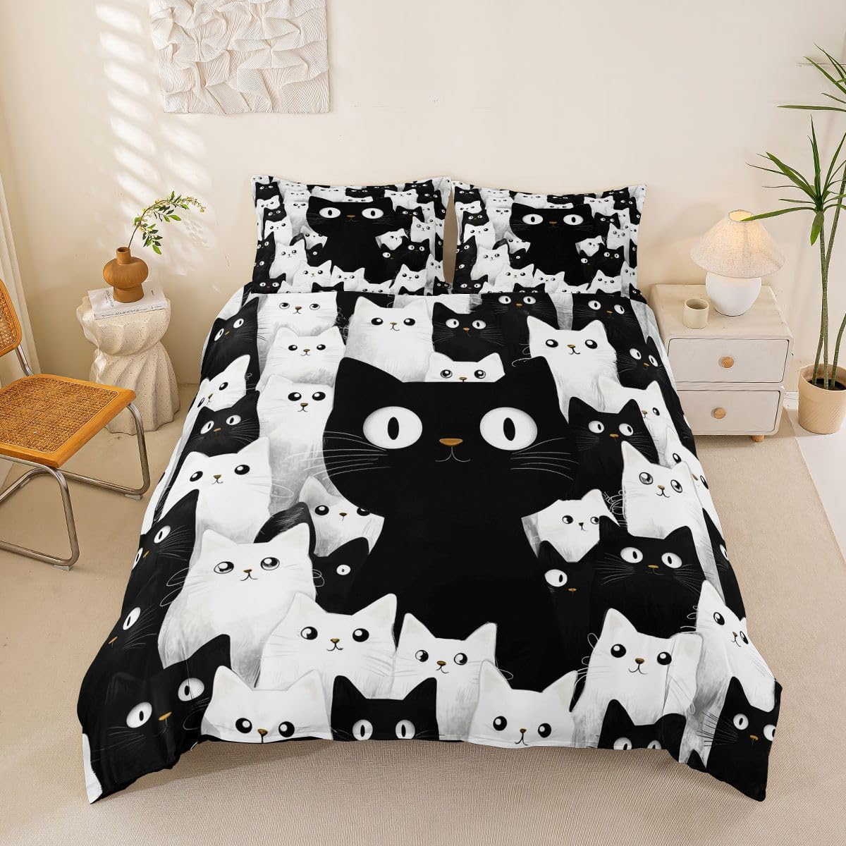 Homemissing Black White Cat Duvet Cover Set Single Size Anime Cats Bedding Set for Kids Boys Girls Cute Kitten Duvet Cover with 1 Pillowcase Funny Bedroom Decor Cartoon Animal Bedding,Zipper Closure — image 1