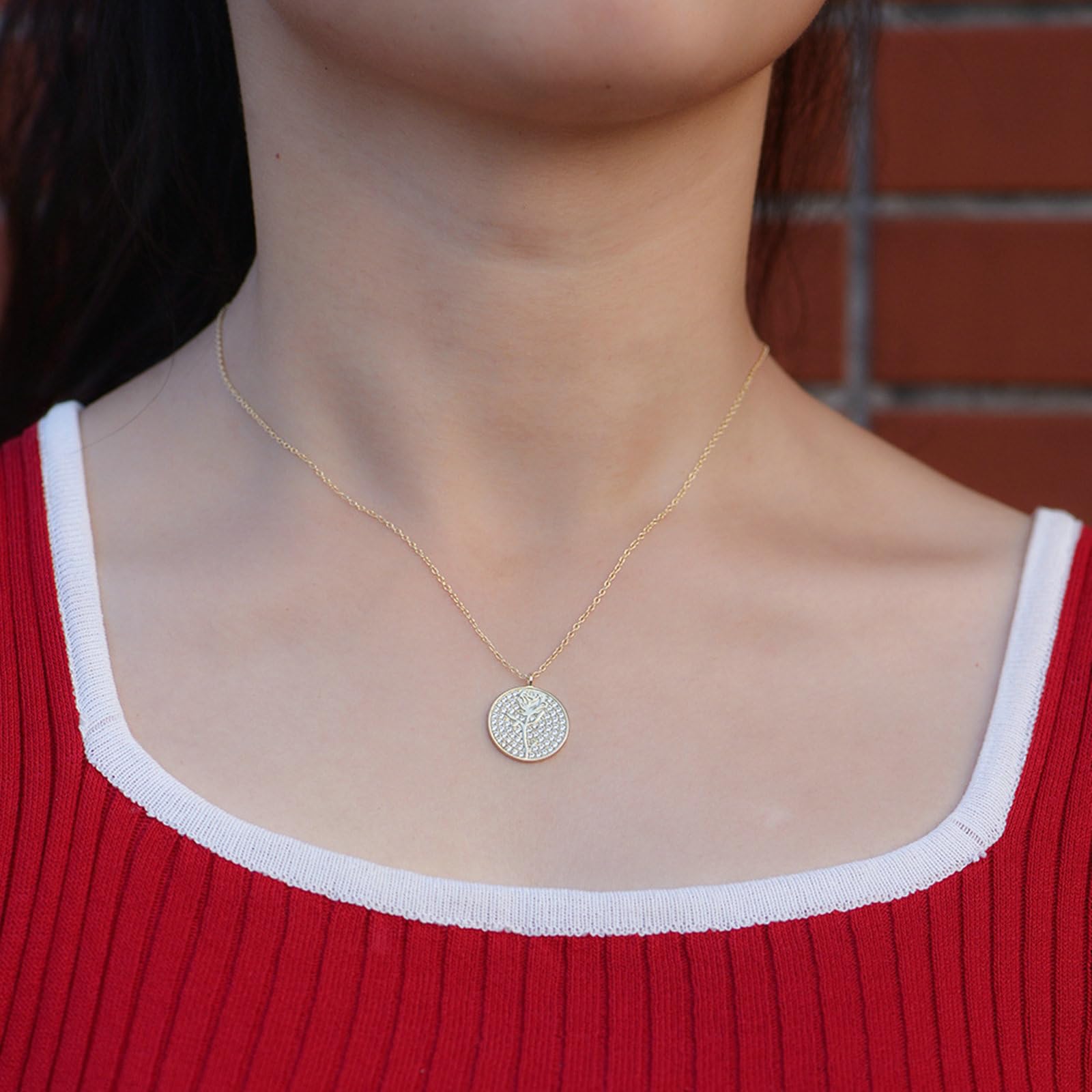 Collar de oro de 9 quilates, 14 quilates, 18 quilates, colgante de moneda con rosa y moissanita, cadena de oro de 45 cm para novia y boda