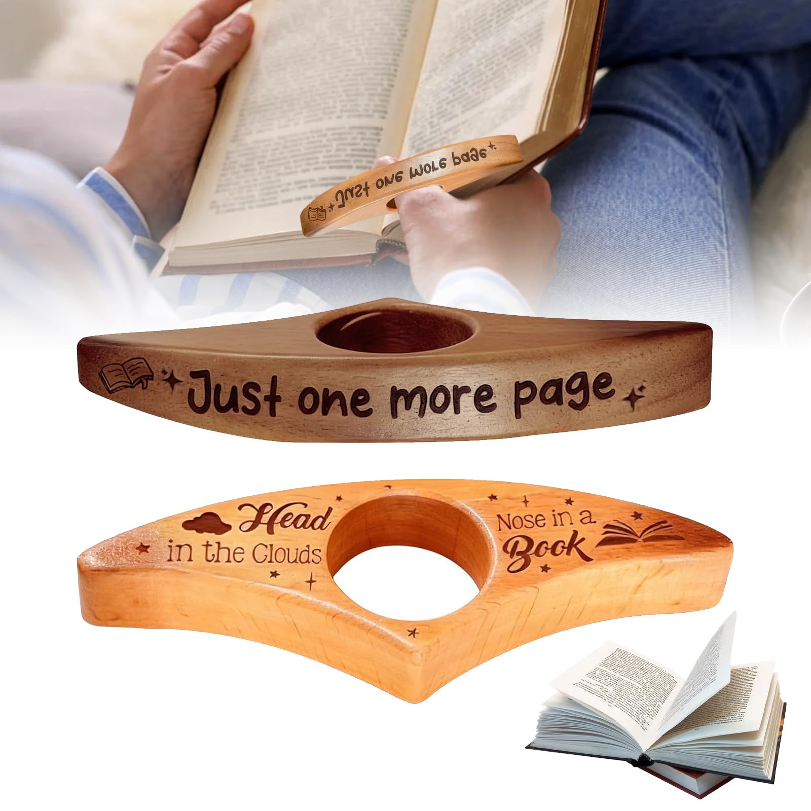 View 1 of 2Pcs Just One More Page – Personalized Book Page Holder,Wooden Book,Custom Name Thumb Spreader,Valentine’s Day Gift,Reading Gift for Book Lovers & Kids(Walnut,Beech)