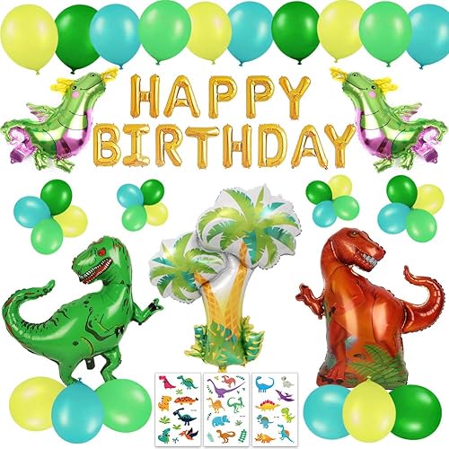 Paquete de 63 decoraciones de fiesta de cumpleaños de dinosaurio para niños, pancarta dorada 3D de feliz cumpleaños, globos de dinosaurio coloridos,