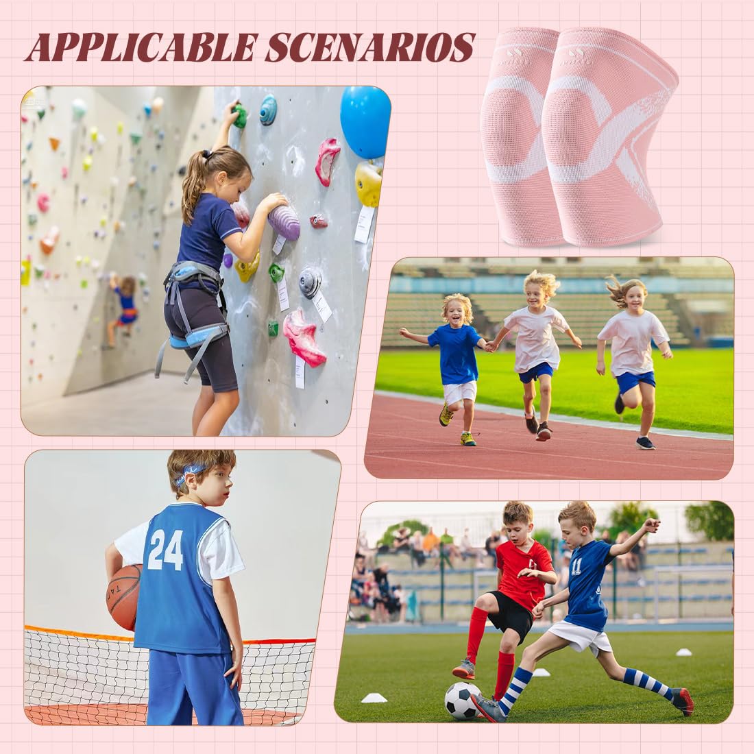 1 Par Rodilleras para Niños,Rodilleras Voleibol,Protectores de Rodillas,Elásticos,Transpirables para Niños Niñas Baloncesto,Voleibol, Rosa,Apto para Niños de 10 a 15 Años,35-50 kg
