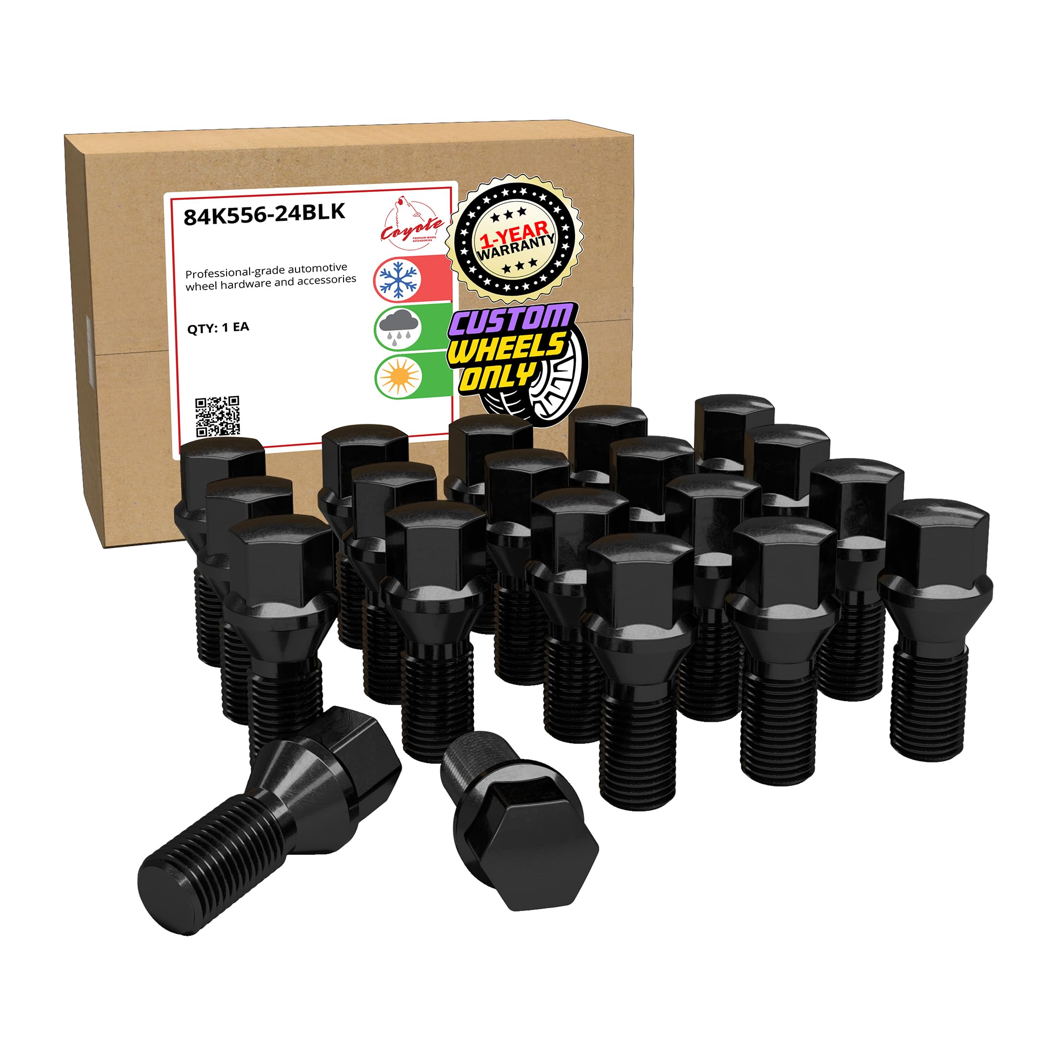Wheel Accessories Parts 20 Pcs M14 x 1.50 Thread Acorn Seat Lug Bolt Black Finish 24mm Shank Length 17mm Hex fits Ferrari 456 GT 456 GTA 456 M 456 M GT 456 M GTA